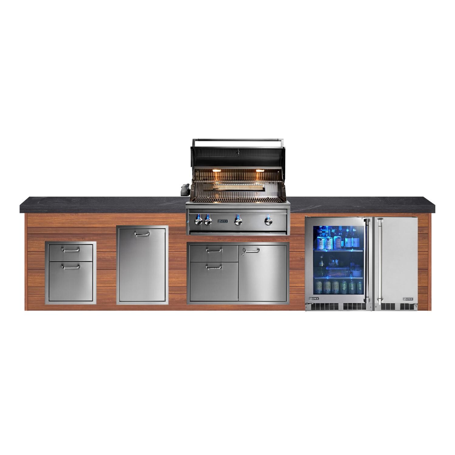 BBQGuys Signature 12ft Luxury Outdoor Kitchen w/ Lynx Professional 36-Inch Natural Gas Grill, Ice Maker & Refrigerator - Light National Walnut Aluminum w/ Black Polished Granite