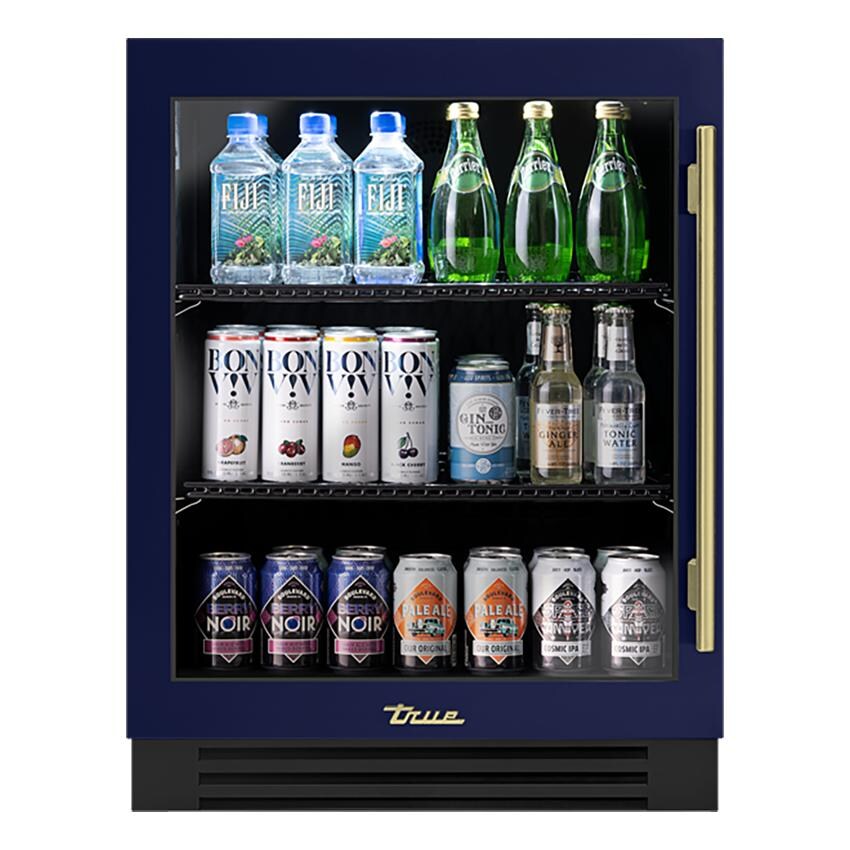 True ADA Height 24 Inch 5 Cu. Ft. Left Hinge Glass Door Outdoor Refrigerator - Cobalt w/ Brass Handles - TURADA-24-LG-A~078-H01