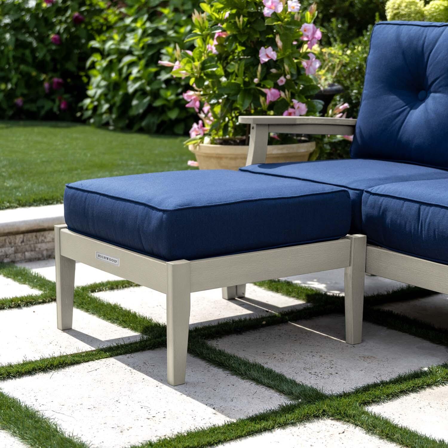 Blushing Bay Recycled Plastic Ottoman in Spectrum Indigo/Whitewash by Lakeview Outdoor Designs - Shown w/ Chair (Not Included) - Lifestyle thumbnail