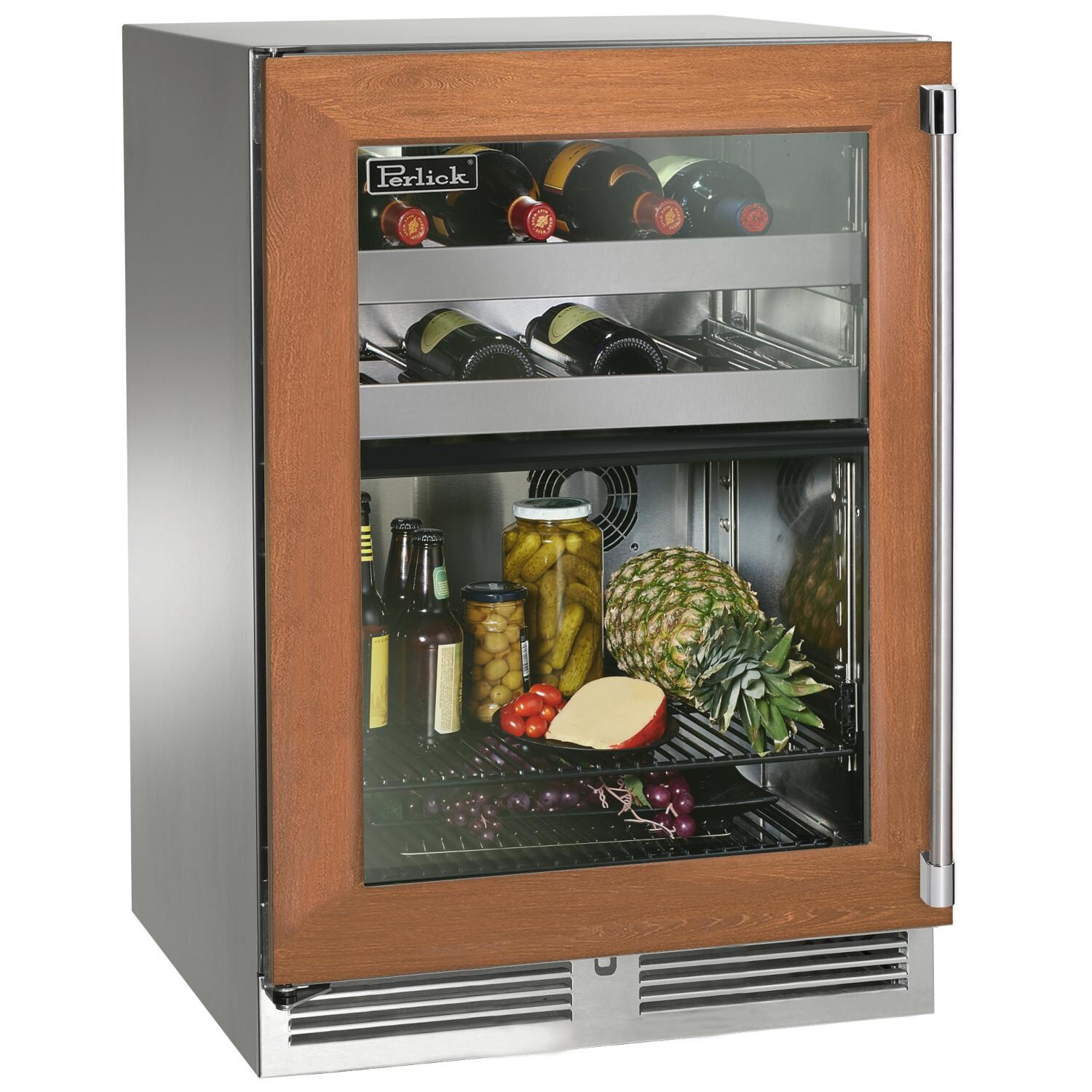 Perlick HP24CO-4-4LL 24-Inch Signature Series Stainless Steel Panel Ready Glass Door Outdoor Dual Zone Refrigerator/Wine Reserve w/ Door Lock - Left Hinged - Custom Dark Wood Panel thumbnail