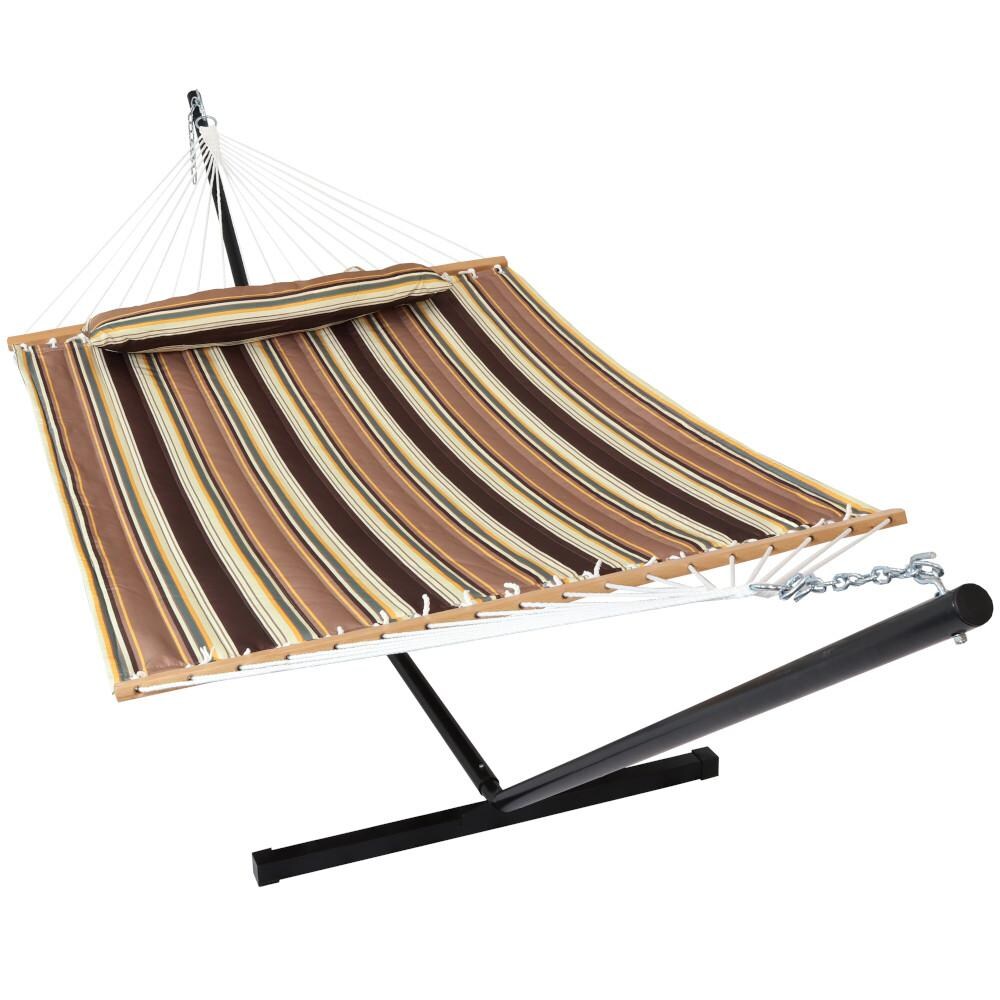 Sunnydaze Decor Quilted Hammock w/ 12-Foot Stand, Spreader Bar, & Detachable Pillow - Sandy Beach - DL-BTFHB-COMBO