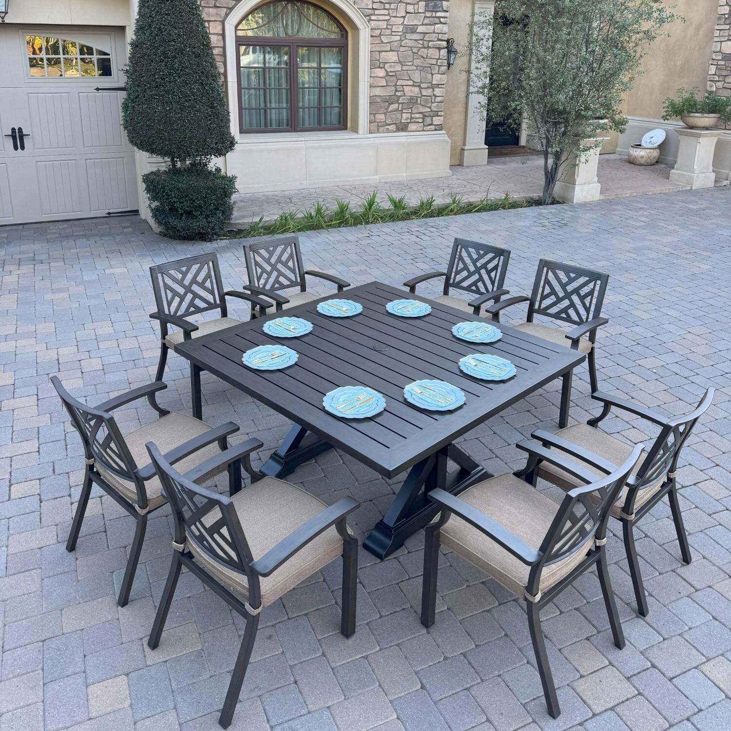 Brooklyn 9 Pc Aluminum Dining Set w/ 59 Inch Square Table in Multi Brown by Darlee