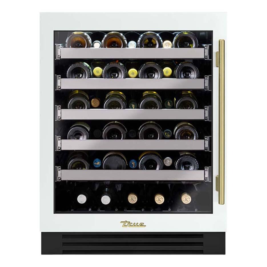 True TUWADA-24-LG-A~030-H01 ADA Height 24 Inch 40 Bottle Left Hinge Glass Door Outdoor Wine Cabinet - Matte White w/ Brass Handle - White Background thumbnail