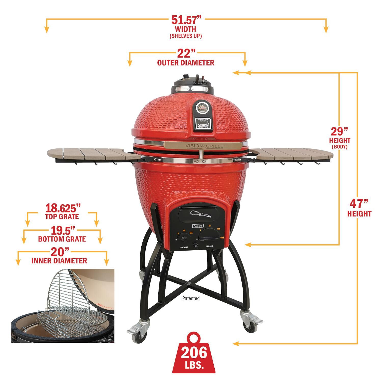Vision C-R4C1F1-H Professional C-Series Ceramic Kamado Grill - Red - Dimensions thumbnail