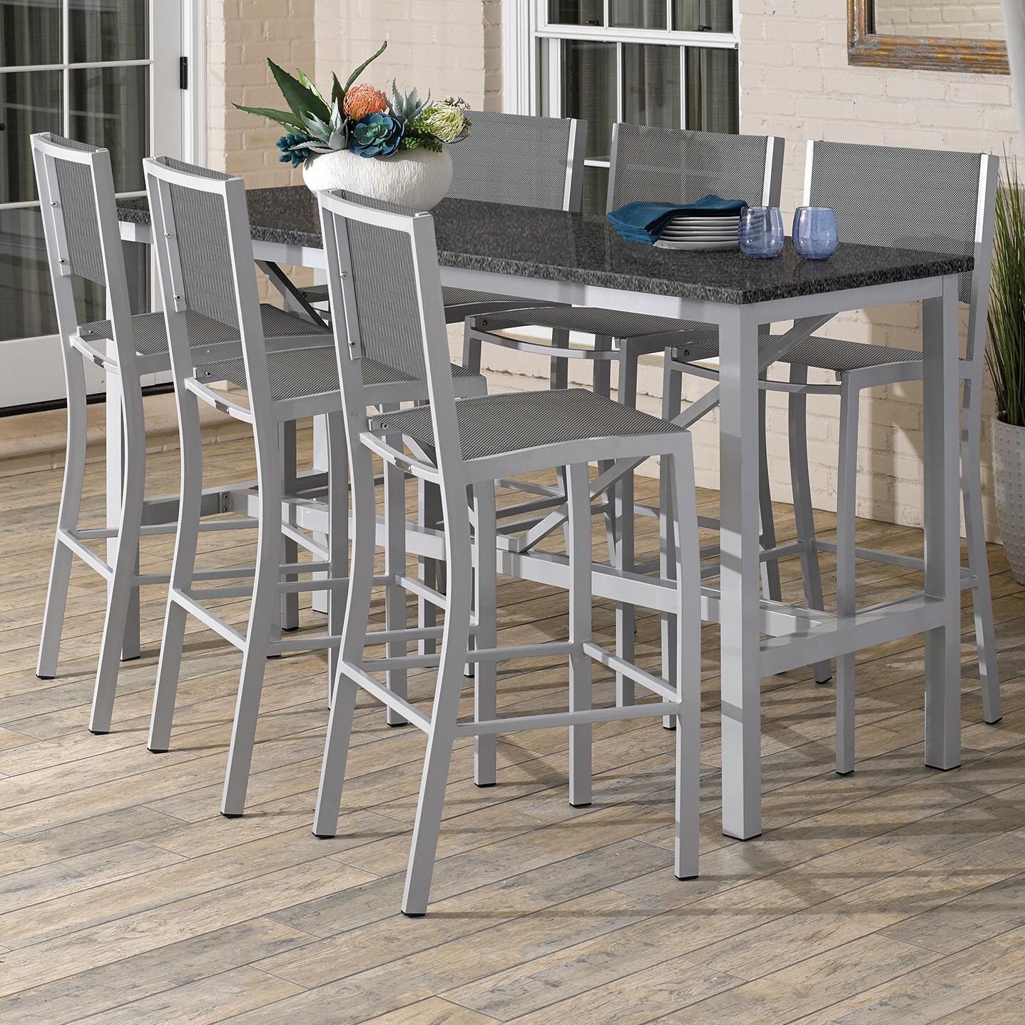 Travira 7 Piece Aluminum Patio Bar Set W/ 72 X 30 Inch Rectangular Lite-Core Charcoal Table By Oxford Garden - Titanium Sling