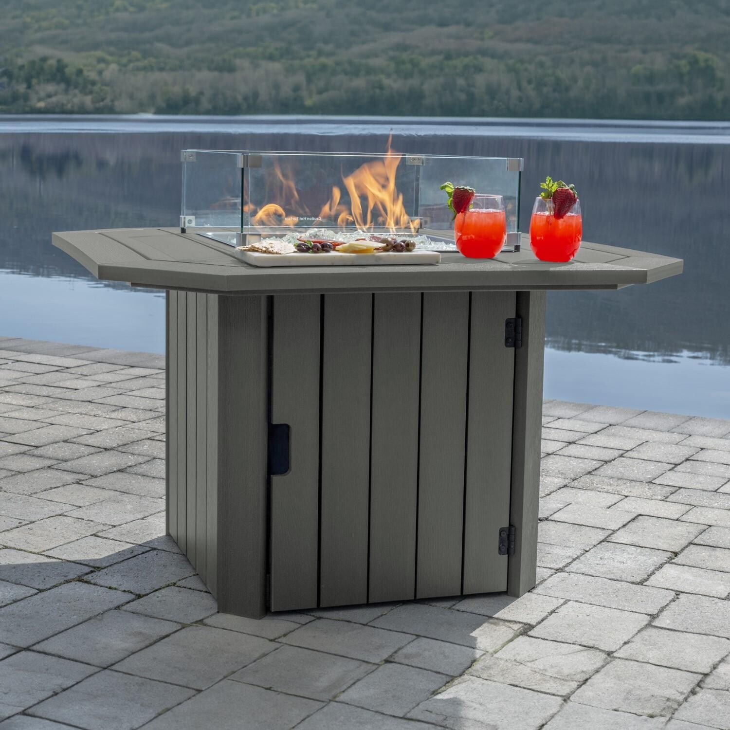 Harborview 40 Inch Smokeless Octagon Stainless Steel Propane Fire Pit Table in Coastal Teak by Lakeview Outdoor Designs