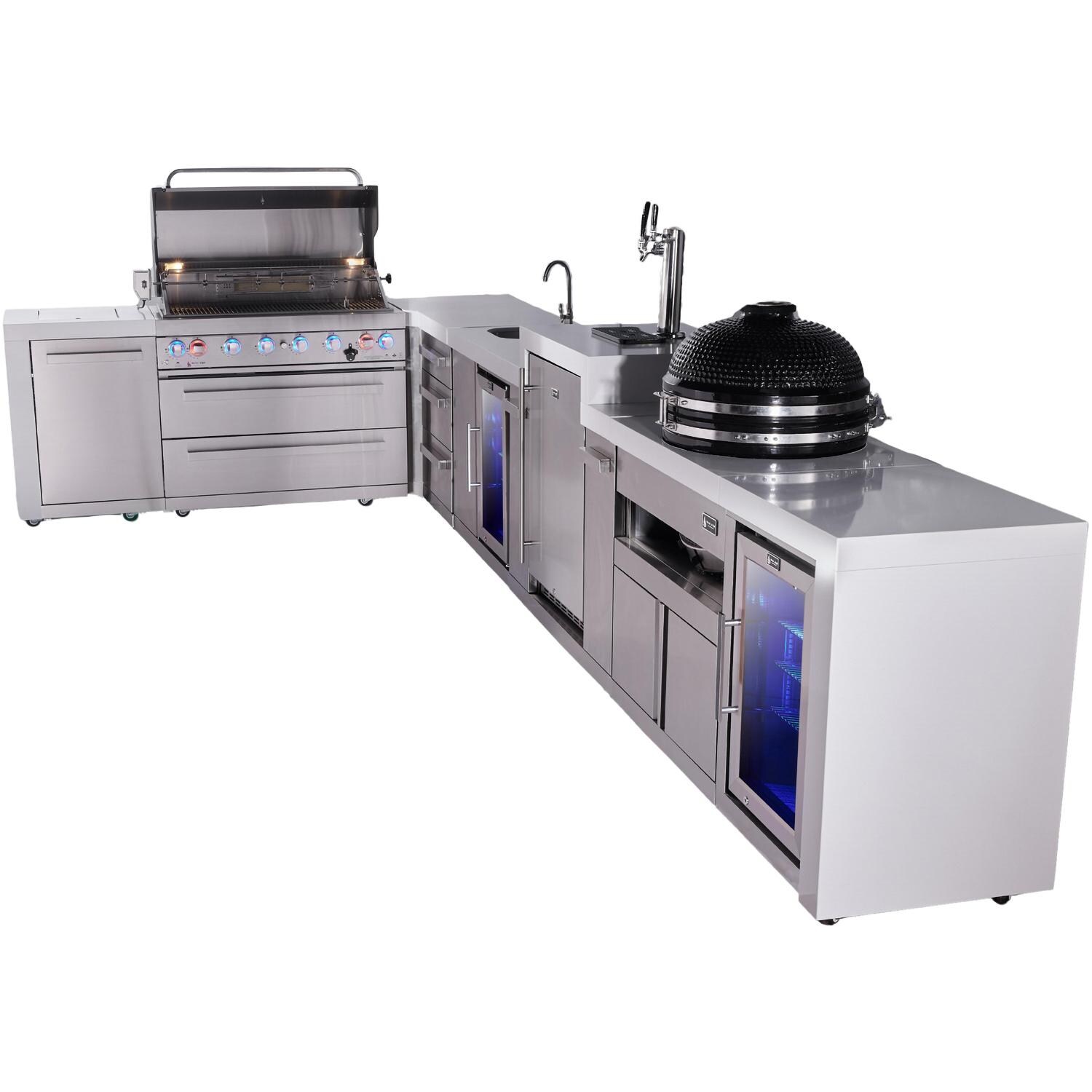 Mont Alpi Deluxe Series 13 1/2 Ft L-Shaped Natural Gas Outdoor Kitchen Island w/ 32-in Grill, Side Burner, Beverage Center, Kegerator & Triple Drawer (Ships Propane w/ Conversion Kit) - Grill Open - White Background thumbnail