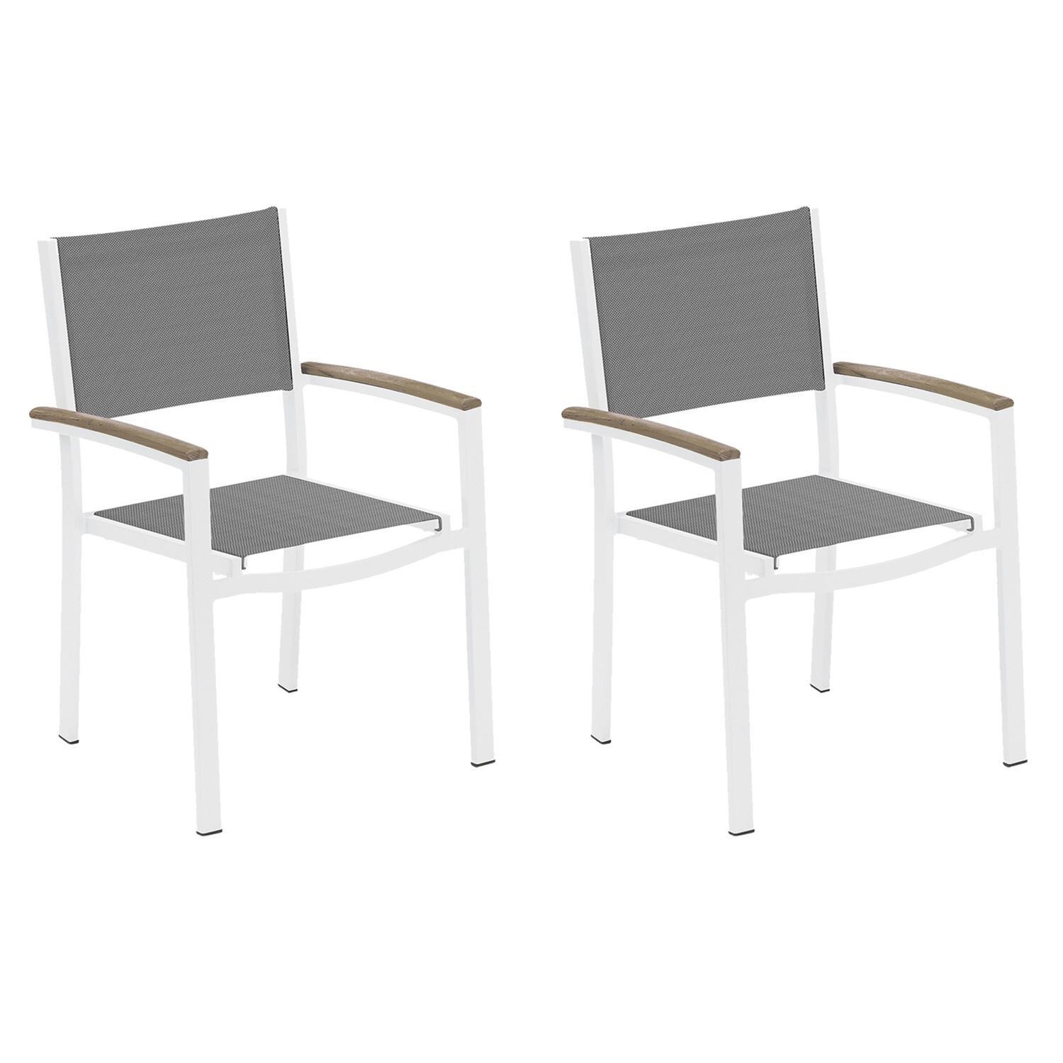 Travira 2 Pc Composite Sling & Aluminum Dining Chair W/ Vintage Tekwood Arm Caps in Chalk/Titanium By Oxford Garden