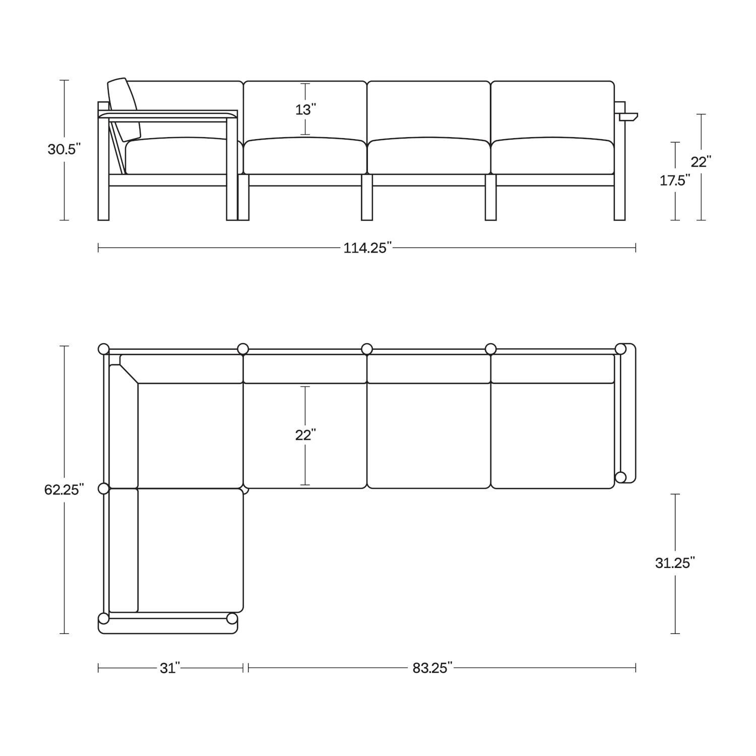 Neighbor HVN-SECT5-RU-2 5 Piece Sectional W/ Teak Arms - Dimensions thumbnail