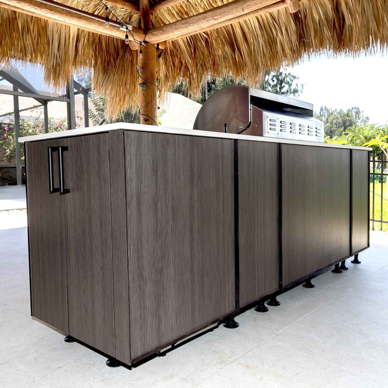 BBQGuys Signature Oasis 8 Ft Outdoor Kitchen Island w/ Blaze Natural Gas Grill & Refrigerator in Grey Cedar/Icecap White - Back - Lifestyle thumbnail