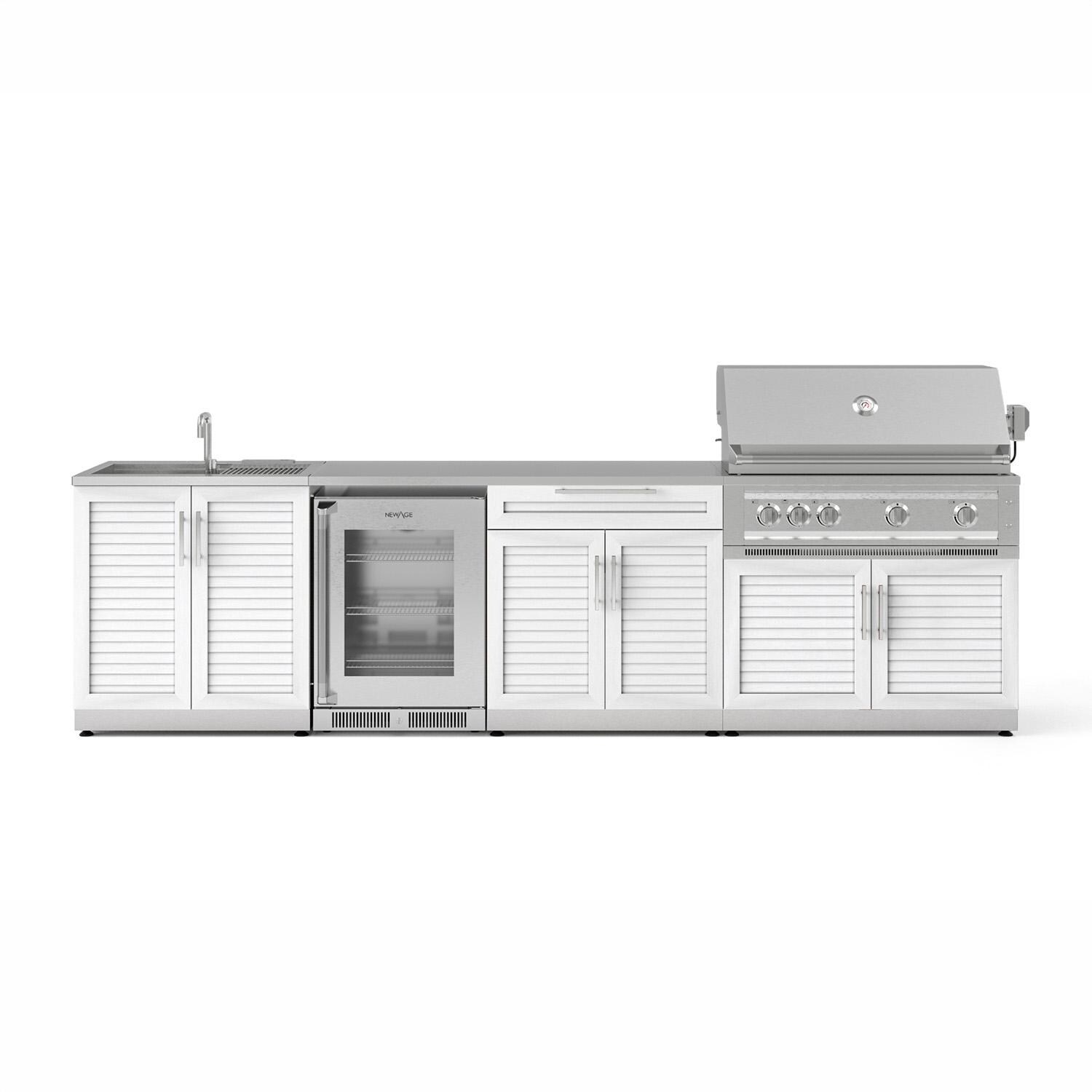 NewAge Products Classic Series 10 1/2 Ft Outdoor Kitchen Island w/ 40-in Natural Gas Grill, Sink, Glass Door Refrigerator, Trash Bin, Door & Drawer in White/Stainless Steel