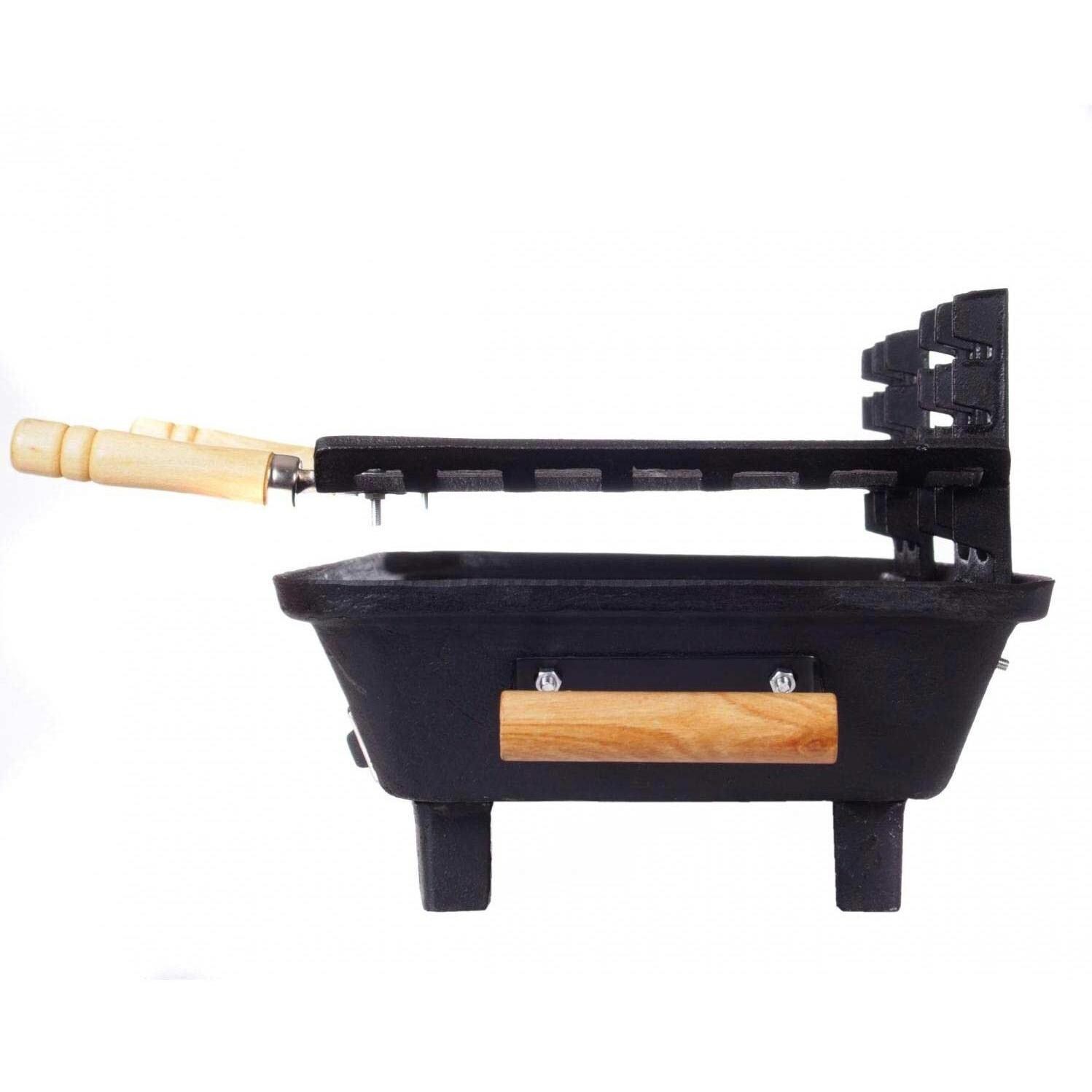 Cast Iron Hibachi Charcoal BBQ Grill Side View w/ Grates Raised thumbnail