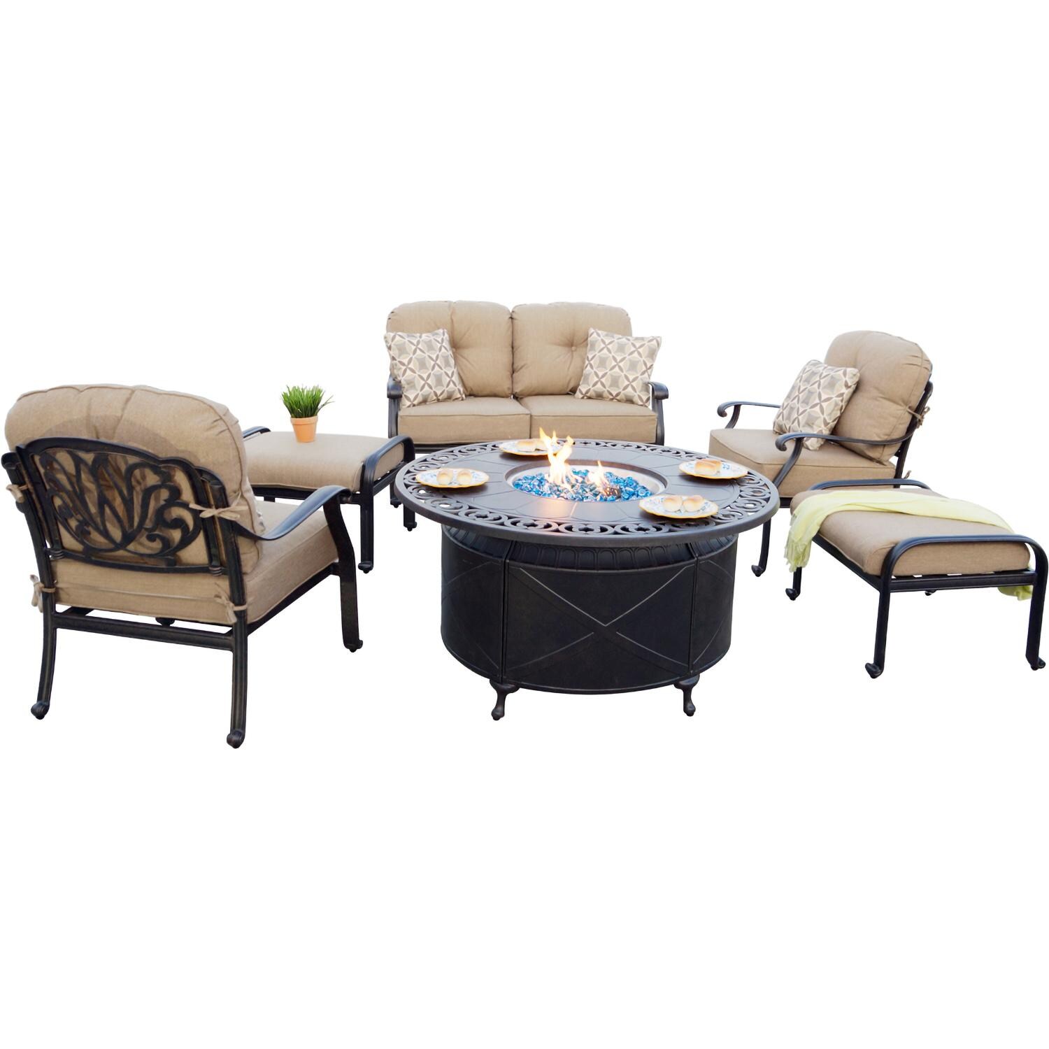 Elisabeth 6 Pc Cast Aluminum Fire Pit Loveseat Seating Set w/ 47 Inch Table & Throw Pillows in Antique Bronze/Beige by Darlee