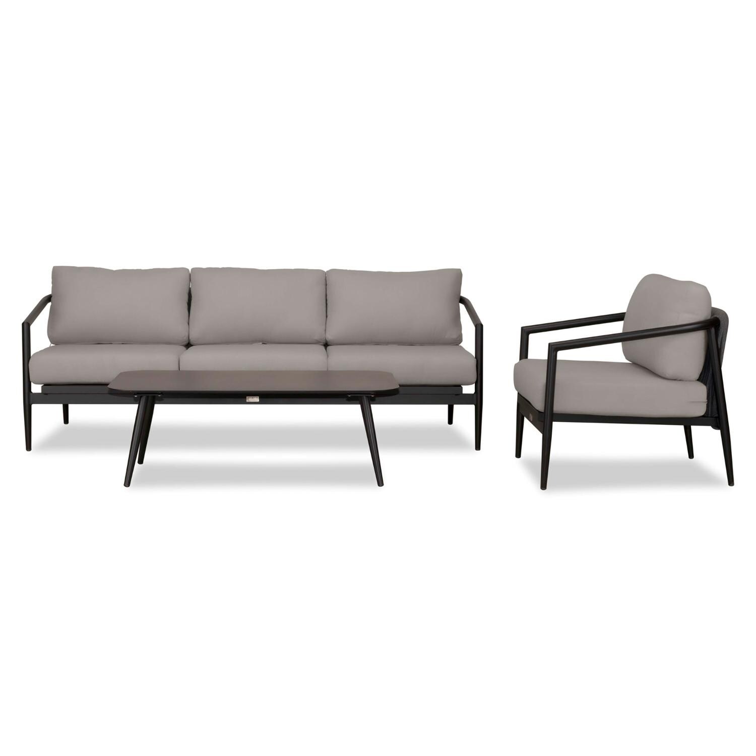 Lakeview Midnight Cove 3 Pc Aluminum Sofa Seating Set in Black/Carbon/Canvas Charcoal - Front - White Background thumbnail
