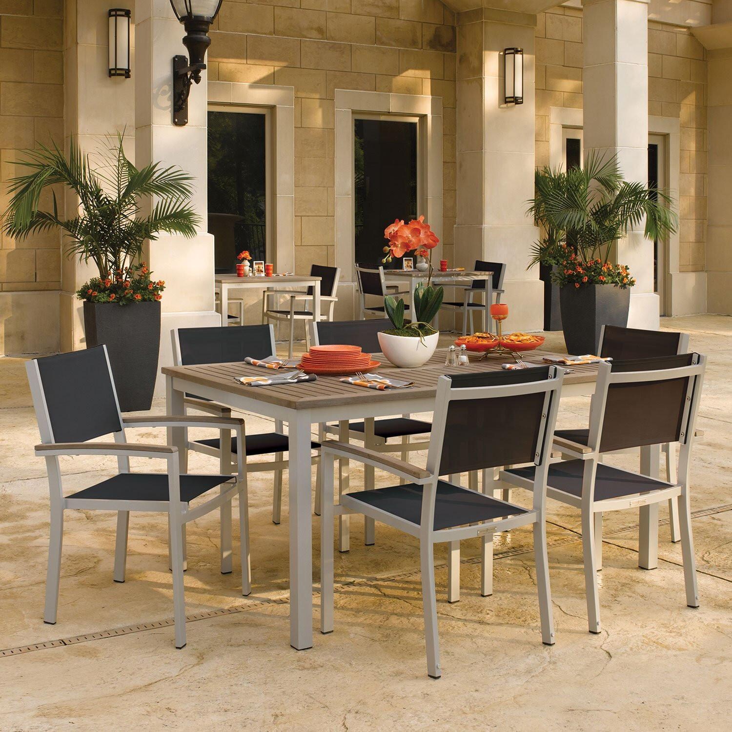 Oxford Garden Travira 7 Piece Flint Aluminum Patio Dining Set W/ Black Sling Armchairs & 63-Inch Rectangular Vintage Tekwood Table