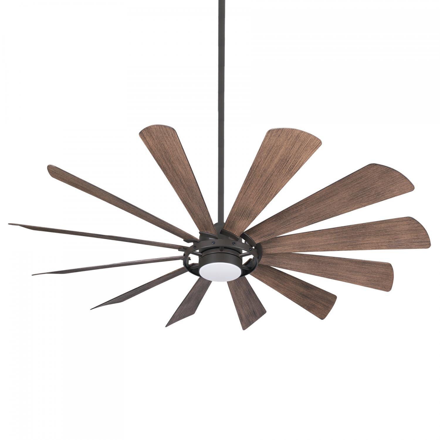 Minka-Aire F870L-ORB Windmolen 65-Inch 12-Blade LED Ceiling Fan in Oil Rubbed Bronze Finish w/ Seasoned Wood Finish Blades & Etched Lens - Side View thumbnail