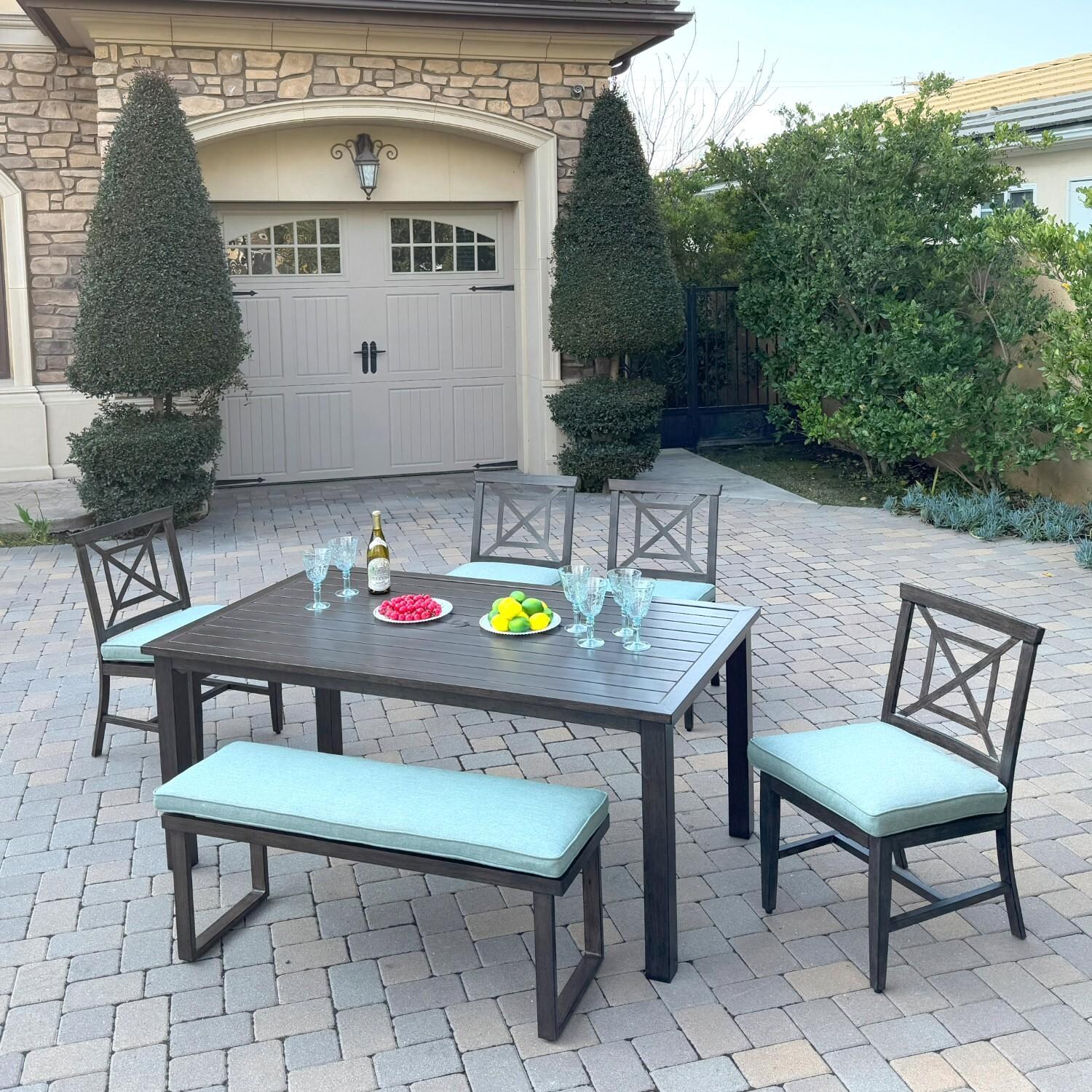 Atlantis 6 Pc Aluminum Dining Set w/ 4 Dining Side Chairs & Two Person Bench in Walnut/Spa by Darlee - Hero - Lifestyle thumbnail