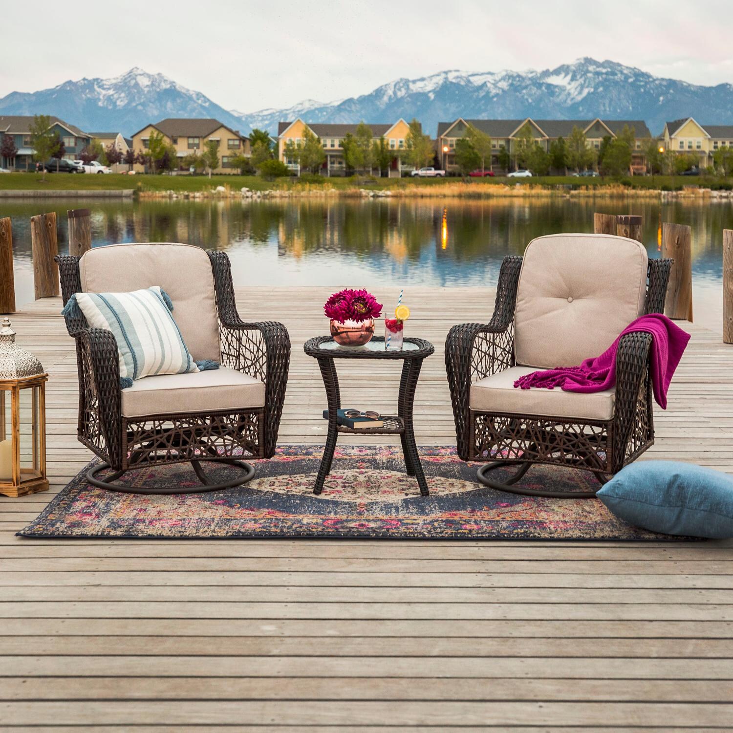 Monterey 3 Piece Wicker Patio Conversation Set W/ Swivel Rockers & Natural Cushions By Walker