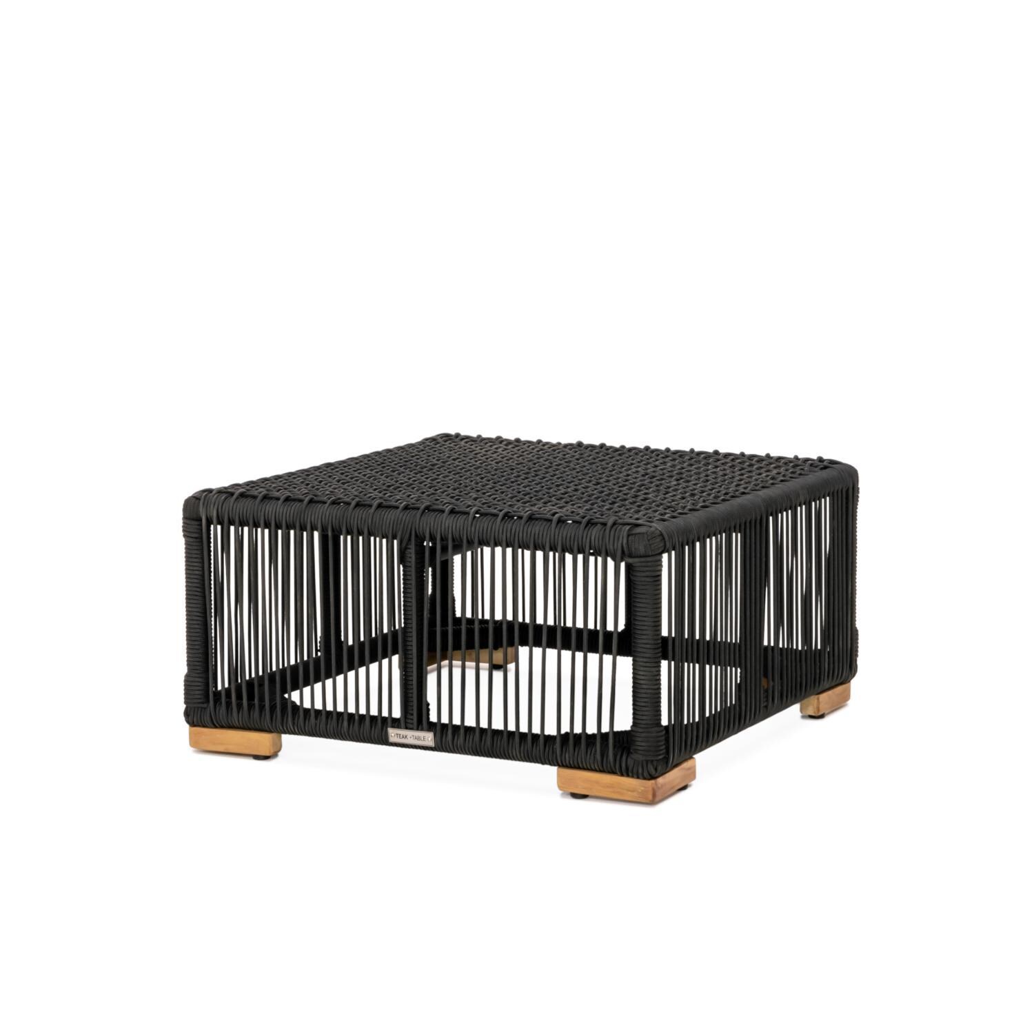 Teak + Table Breeze Olefin Rope & Teak Patio Ottoman in Charcoal/Carbon - Frame Only - White Background thumbnail