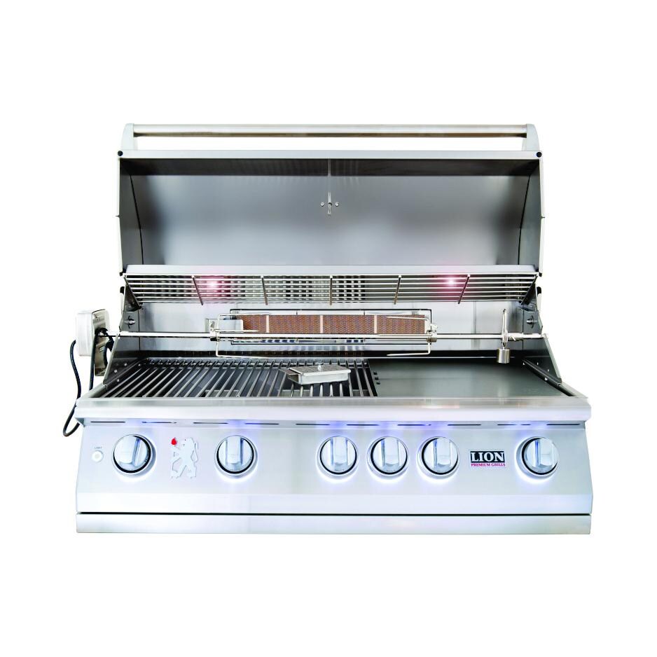 Lion 40-Inch L90000 Stainless Steel Built-In Natural Gas Grill - Lid Open - Lights On With Rotisserie - White Background thumbnail
