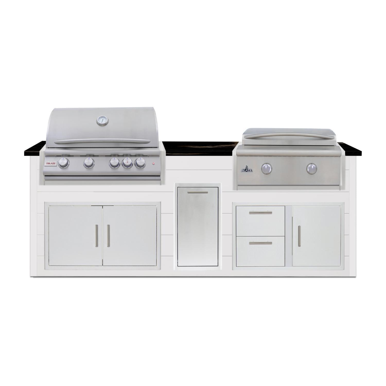 BBQGuys Signature 8-Foot Outdoor Kitchen Island w/ 32-in Propane Blaze LTE+ Grill & Griddle & Narrow Trash Bin | Crystal White | Nero Mist Granite by