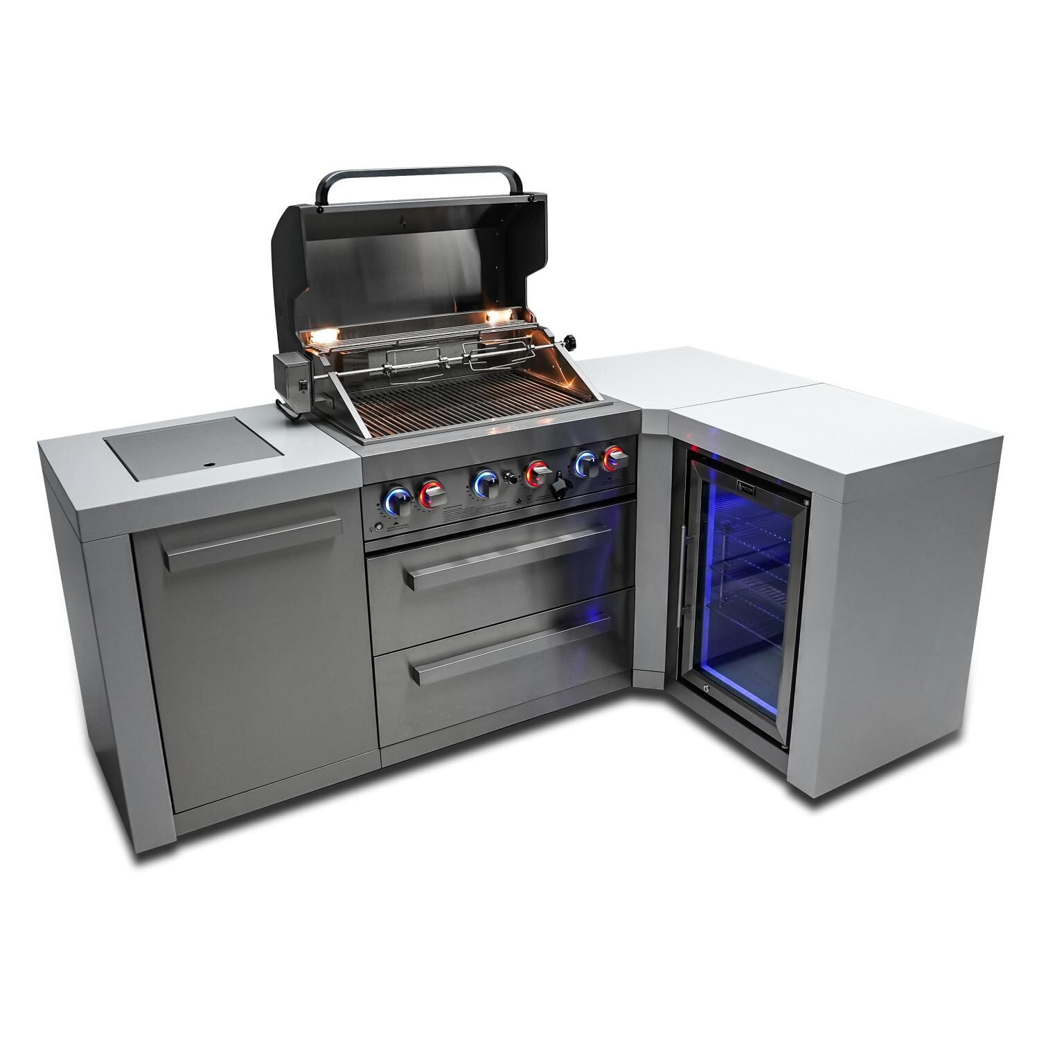  Mont Alpi - MAi400-D90FC - Deluxe 90 Degree Propane Gas Island Grill W/ Refrigerator Cabinet, Infrared Side Burner, & Rotisserie Kit - Open With Burners On - White Background thumbnail