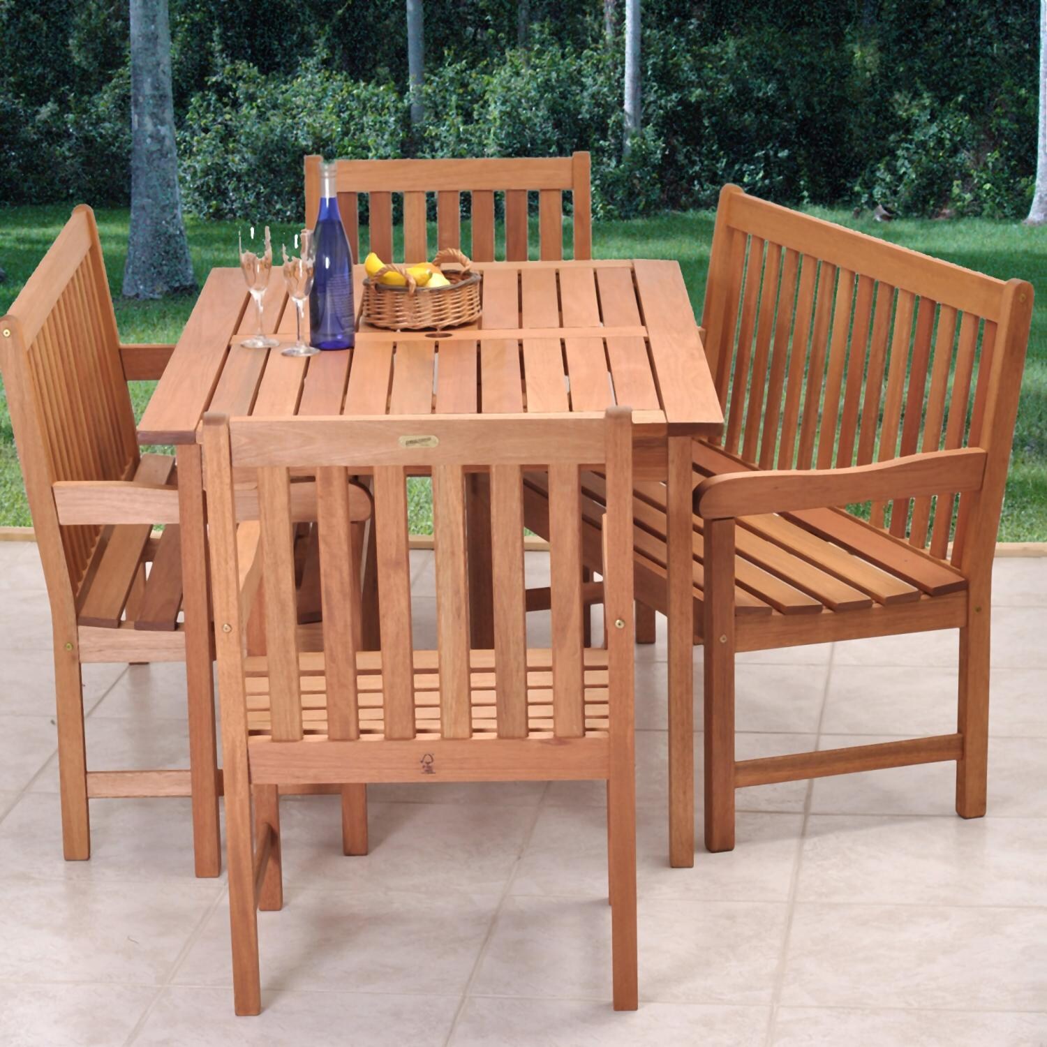 Amazonia Milano 6 Person Eucalyptus Patio Dining Set W Deluxe Dining Arm Chairs Benches Bbqguys