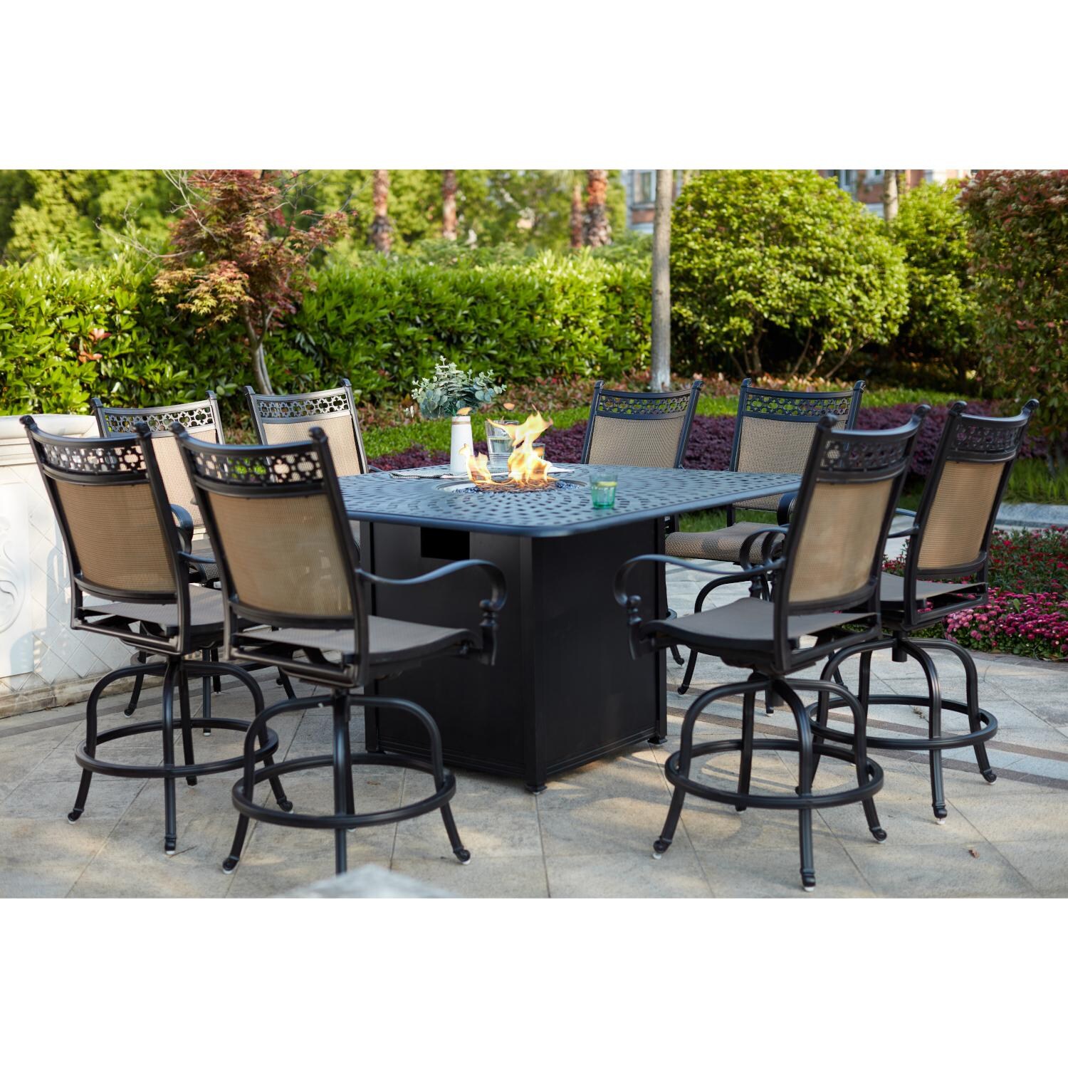 Darlee 201610-9PC-60GHW Mountain View 9 Piece Cast Aluminum Sling Patio Counter Height Fire Pit Dining Set W/ 60 Inch Round Table - Lifestyle thumbnail