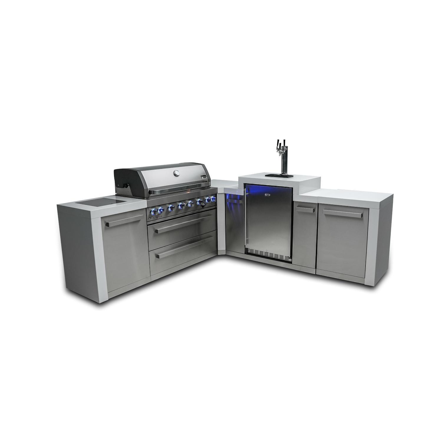 Mont Alpi Deluxe Series 8 Ft L-Shaped Natural Gas Outdoor Kitchen Island w/ Side Burner & Kegerator (Ships Propane w/ Conversion Kit) - MAi805-D90KEG