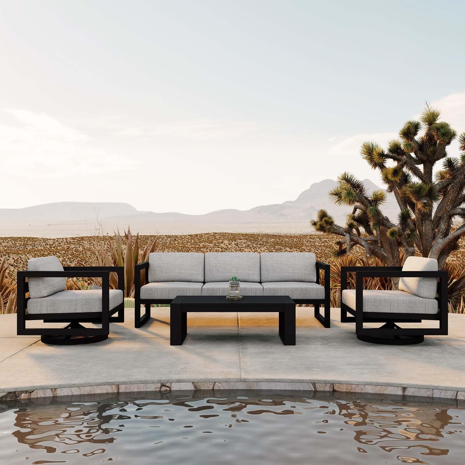 Misty Cove 4 Pc Aluminum Sofa Seating Set w/ Swivel Chairs in Black/Cast Silver by Lakeview Outdoor Designs - Lifestyle thumbnail