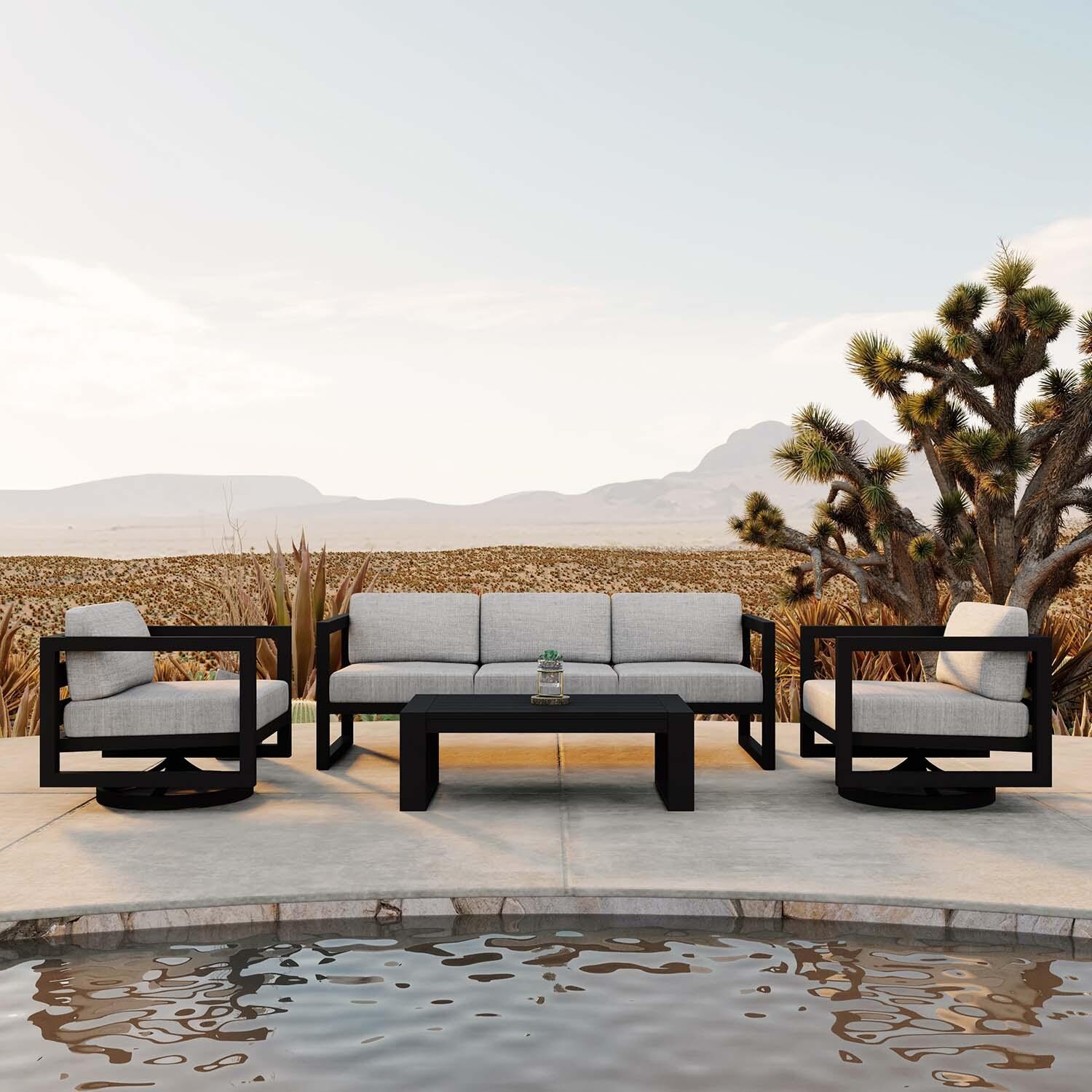 Misty Cove 4 Pc Aluminum Sofa Seating Set w/ Swivel Chairs in Black/Cast Silver by Lakeview Outdoor Designs - Lifestyle thumbnail