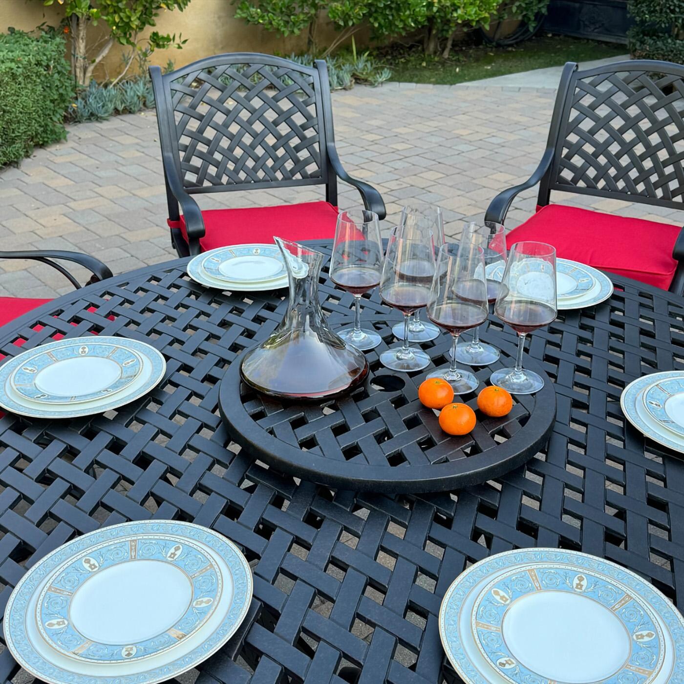 Darlee B/DL13-8PCAR-30D3921-R Nassau 8 Pc Cast Aluminum Dining Set in Antique Bronze w/ Red Cushions - Lazy Susan - Lifestyle thumbnail