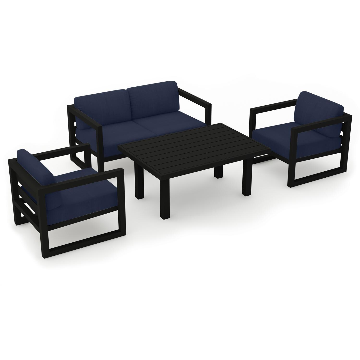 Lakeview MSTYCV-BK-SET114-IN Misty Cove 4 Pc Aluminum Seating Set in Black w/Chat Table & Spectrum Indigo Cushions by Lakeview Outdoor Designs - Set Angled View - White Background thumbnail