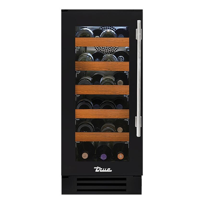 True TWC-15-L-OG-C~DSK-027-H04 15 Inch 23 Bottle Left Hinge Glass Door Outdoor Outdoor Wine Cabinet - Matte Black w/ Stainless Steel Handle - White Background thumbnail