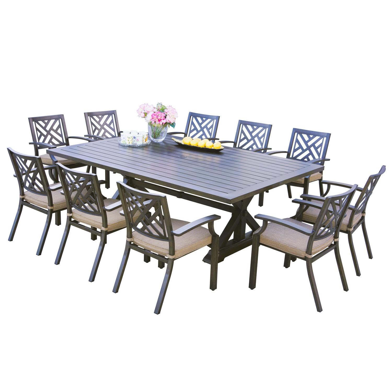 Darlee Brooklyn 11 Piece Patio Dining Set W/ 88 X 60-Inch Rectangular Dining Table & Sesame Cushions thumbnail