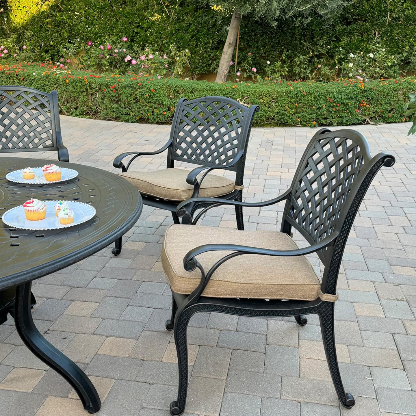 Darlee B/DL13-7PC-26D-S Nassau 7 Pc Cast Aluminum Dining Set in Antique Bronze w/ Sesame Cushions - Chair Right Side - Lifestyle