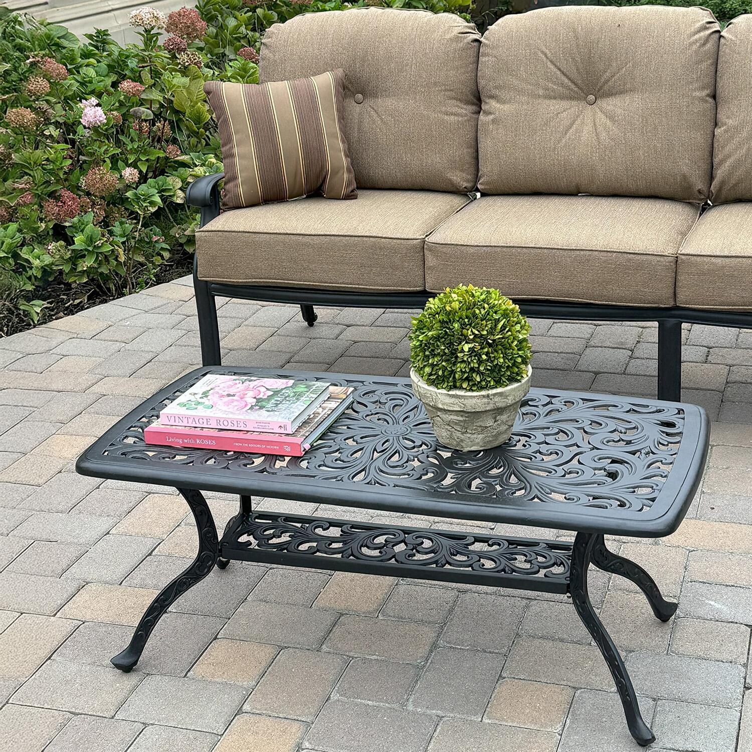 Elisabeth 4 Pc Cast Aluminum Seating Set w/ Series 80 Coffee Table in Antique Bronze by Darlee - Table - Detail thumbnail