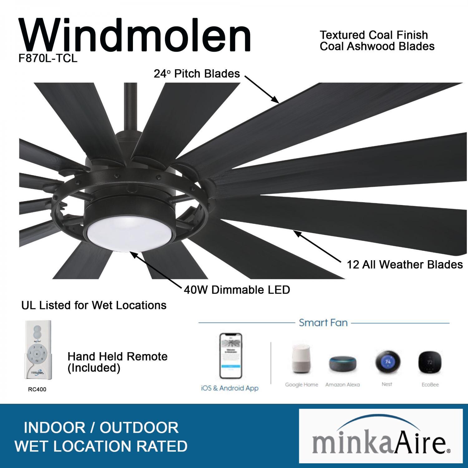 Minka-Aire F870L-TCL Windmolen 65-Inch 12-Blade LED Ceiling Fan in Textured Coal Finish w/ Coal Ashwood Blades & Etched Lens - Details thumbnail