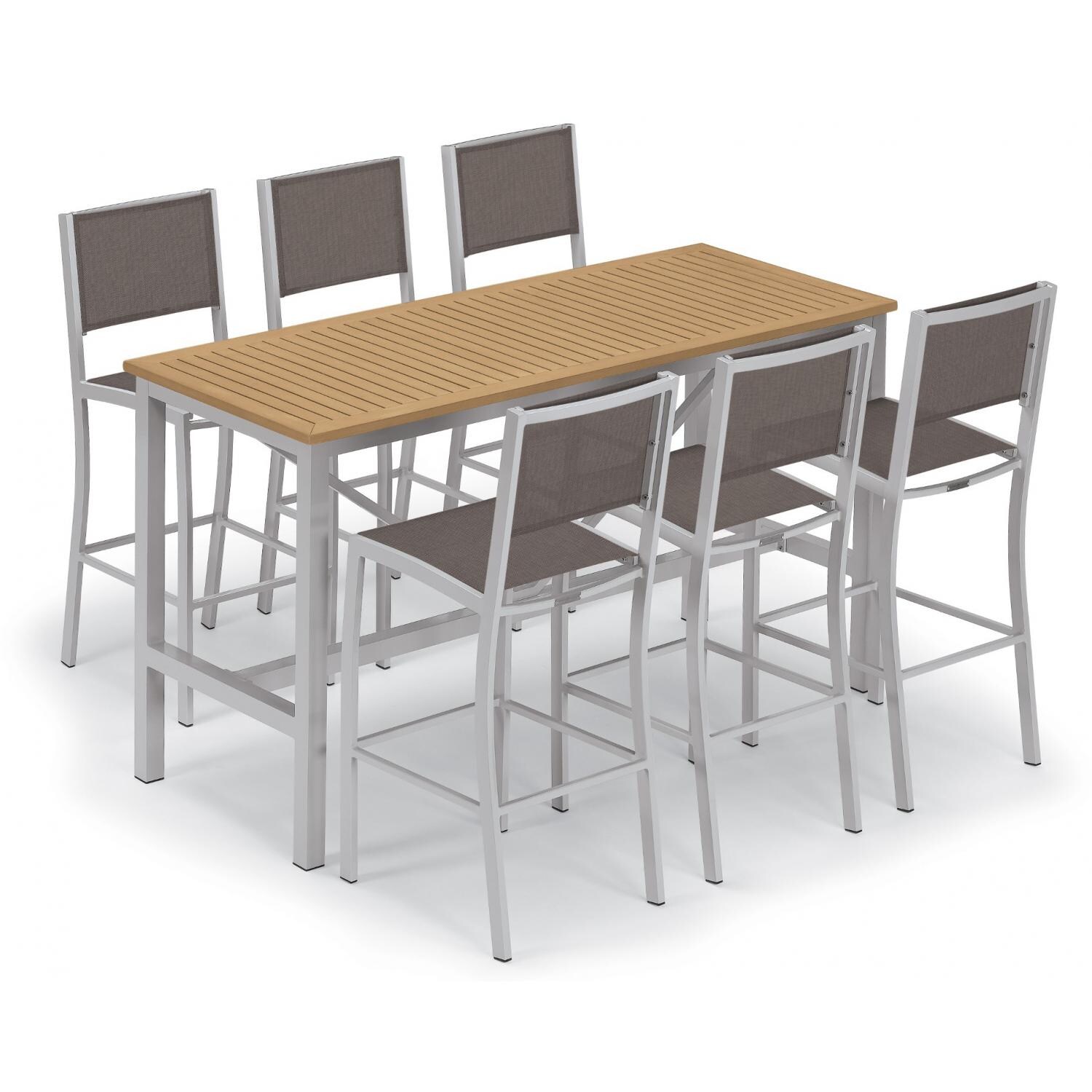 Travira 7 Piece Aluminum Patio Bar Set W/ 72 X 30 Inch Rectangular Table and Tekwood Natural Tabletop By Oxford Garden - Cocoa Sling thumbnail