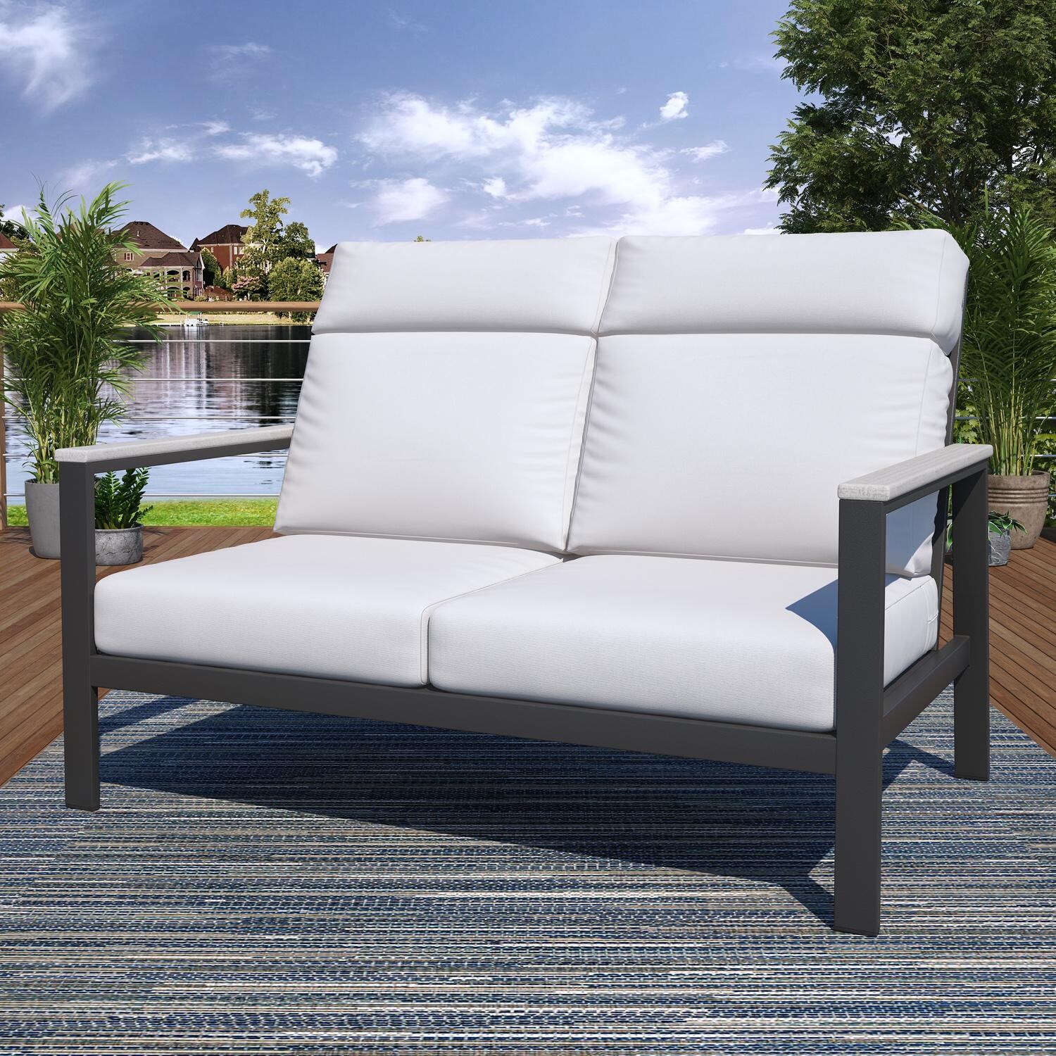Lakeview NC6500-6PC-TANGARM-CN-SEA Oasis Bay 6 Pc Aluminum Seating Set in White/Canvas Natural - Loveseat - Lifestyle thumbnail