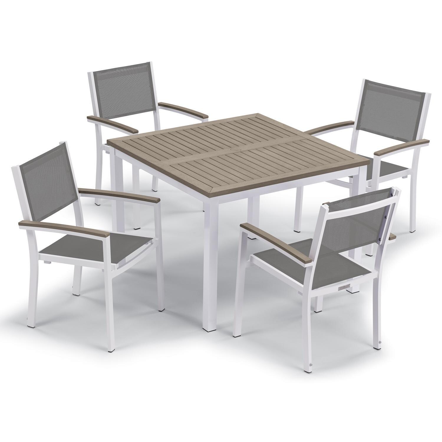 Oxford Garden Travira 5 Pc Composite Sling & Aluminum Dining Set W/ Vintage Tekwood Arm Caps & Table Top in Chalk/Titanium - Top View thumbnail