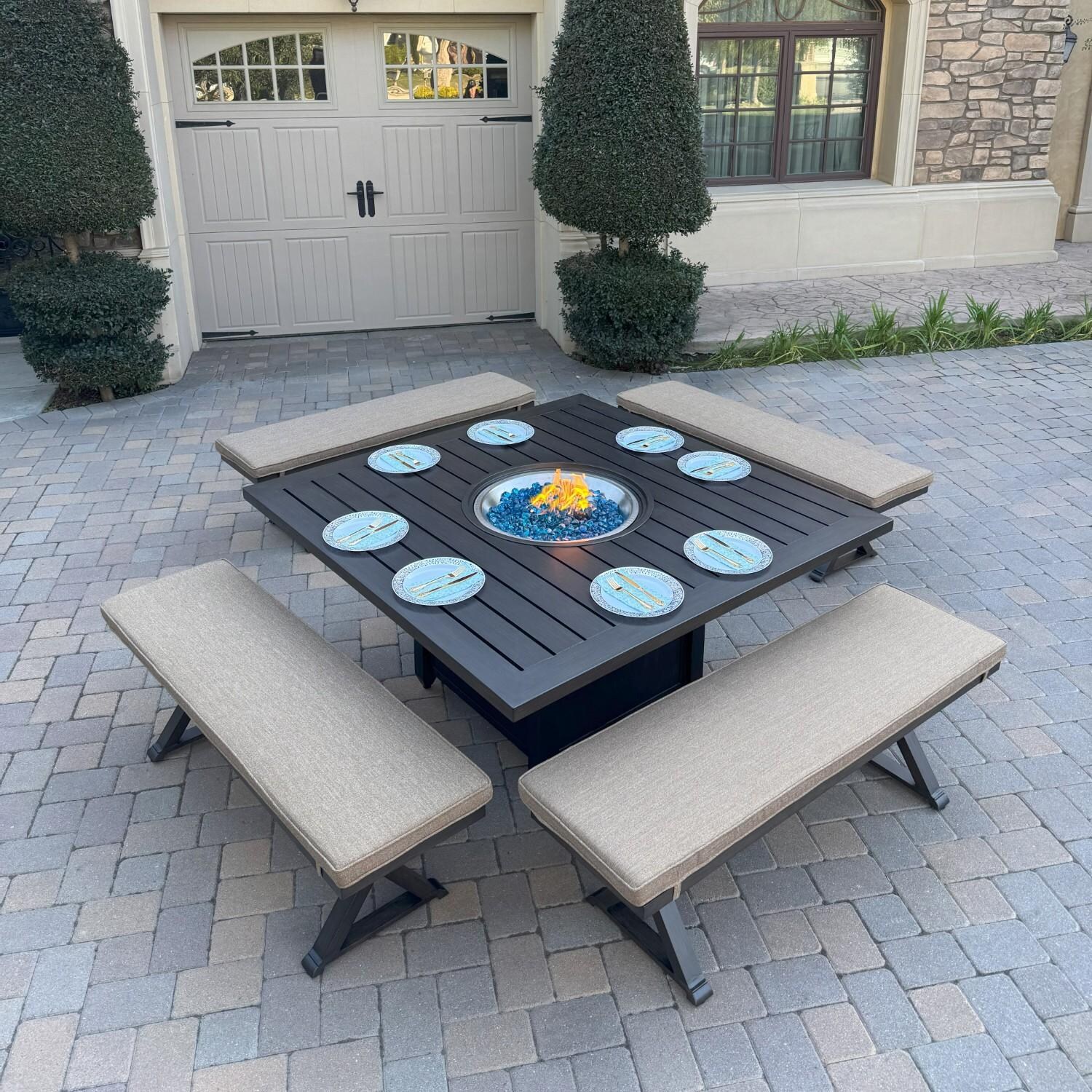 Brooklyn 5 Pc Aluminum Dining Set w/ 60 Inch Square Propane Fire Pit Table in Sesame/Multi-brown by Darlee - Hero - Lifestyle thumbnail