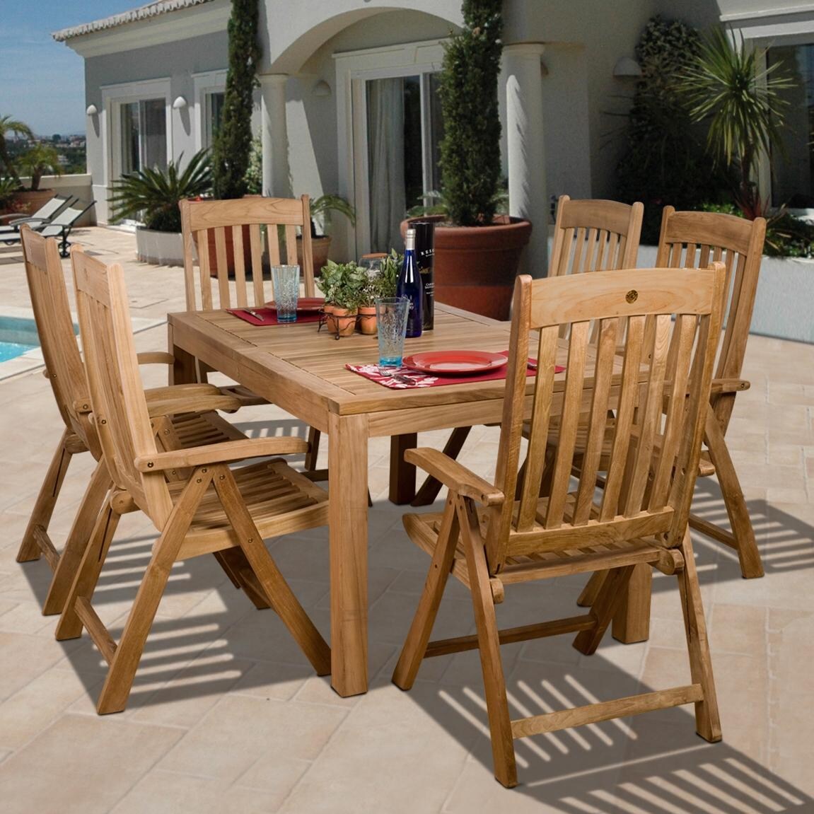 Amazonia Teak Bucarest 6-Person Teak Patio Dining Set With Folding Chairs - Brown thumbnail