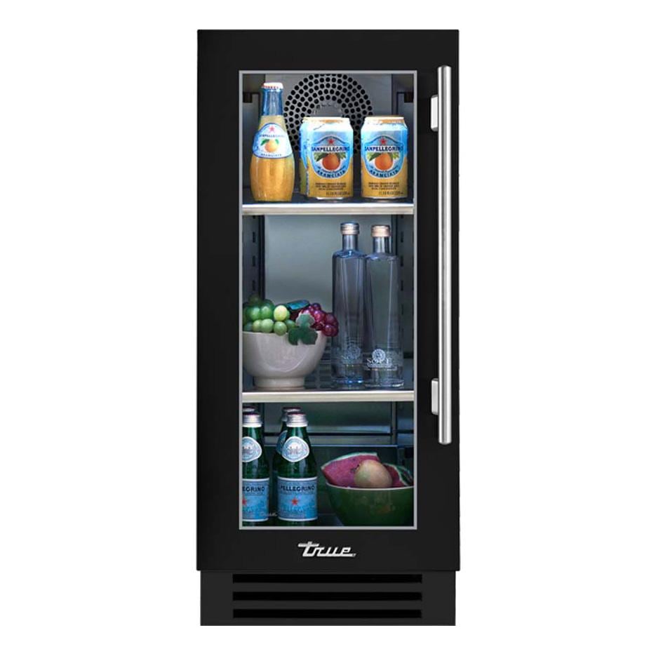 True TUR-15-L-OG-C~DSK-027-H04 15 Inch 3.14 Cu. Ft. Left Hinge Glass Door Outdoor Refigerator - Matte Black w/ Stainless Steel Handles - White Background thumbnail