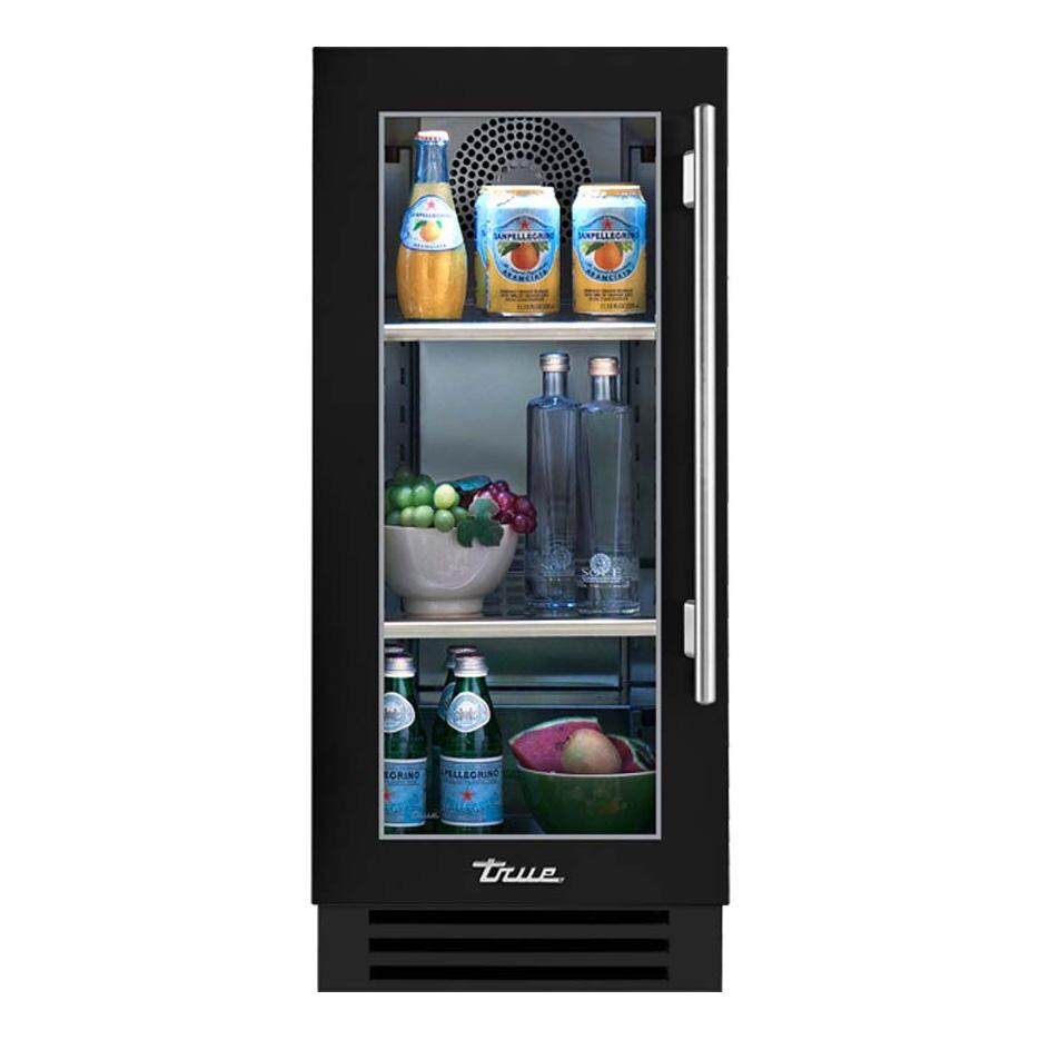True TUR-15-L-OG-C~DSK-027-H04 15 Inch 3.14 Cu. Ft. Left Hinge Glass Door Outdoor Refigerator - Matte Black w/ Stainless Steel Handles - White Background thumbnail