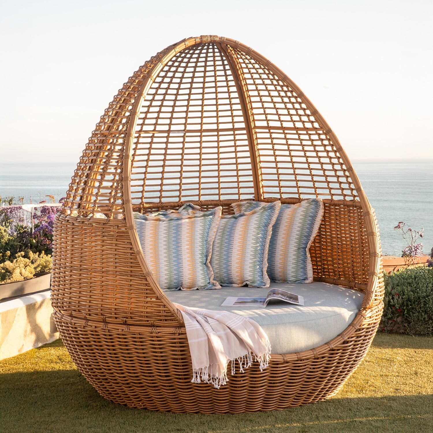 Playa Resin Wicker Daybed in Medium Wood/Soothe Pearl by Sunset West - In Yard - Lifestyle thumbnail