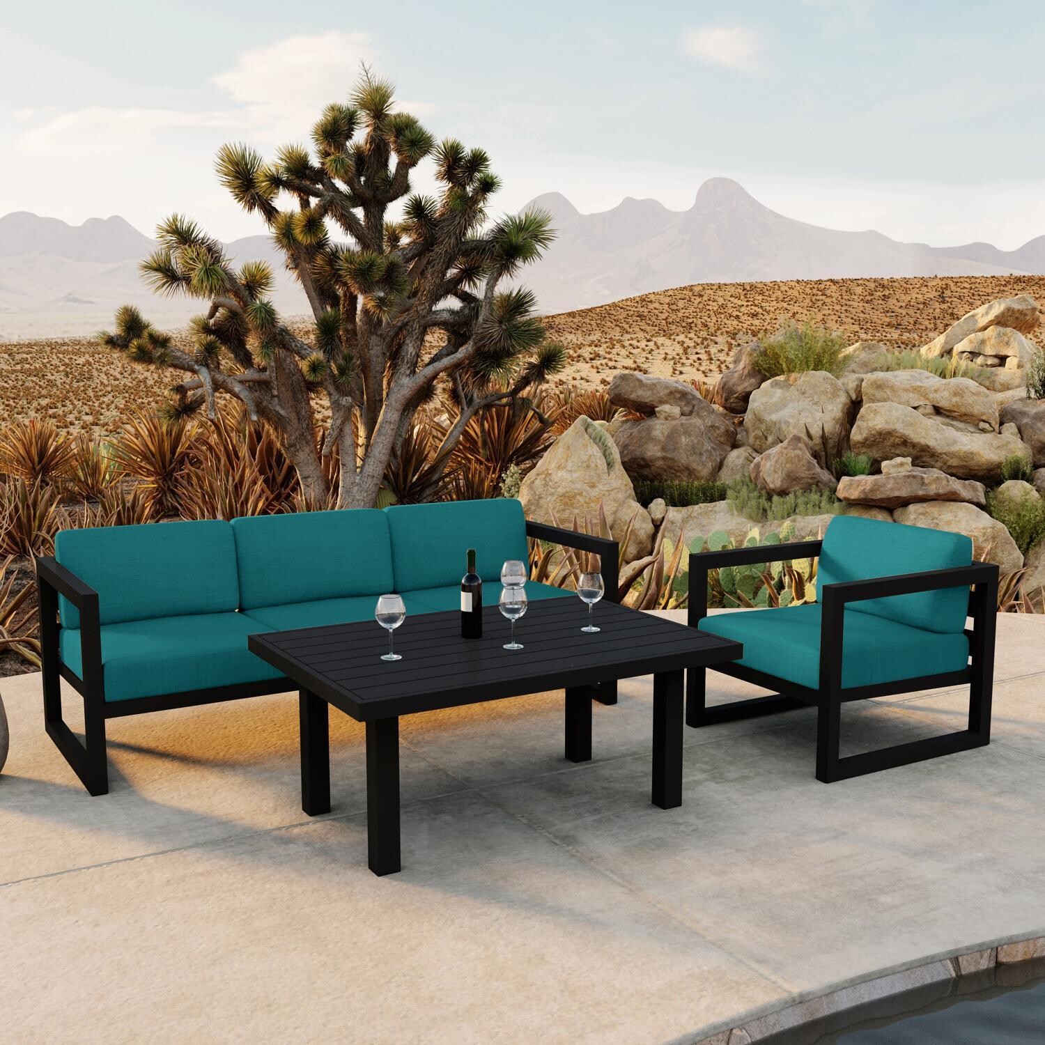 Lakeview MSTYCV-BK-SET138-PC Misty Cove 3 Pc Aluminum Seating Set in Black w/Chat Table & Spectrum Peacock Cushions by Lakeview Outdoor Designs - By the Pool - Lifestyle thumbnail