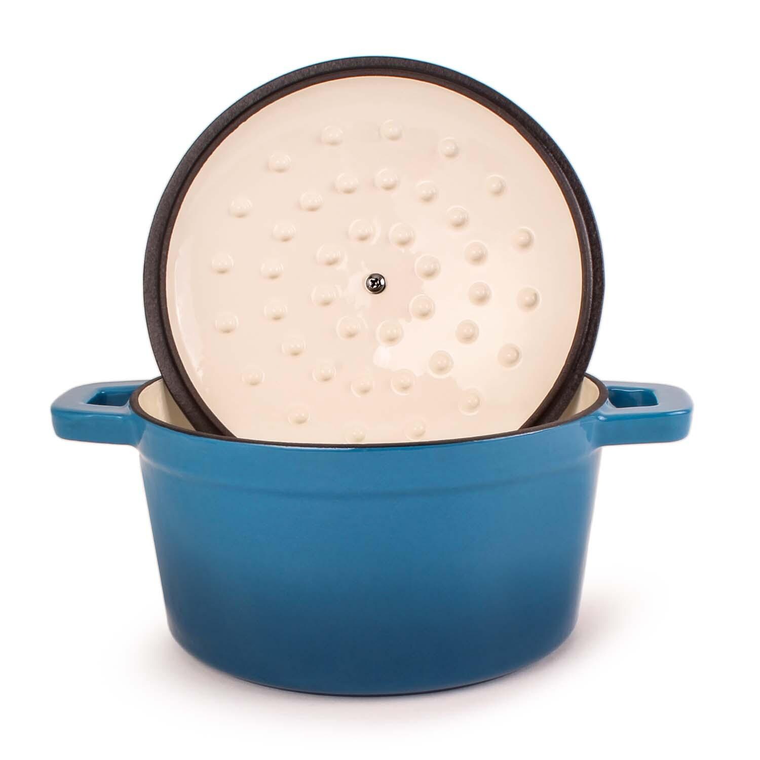 BergHOFF 8-in Neo Cast Iron 3 Qt. Round Dutch Oven w/ Lid - Blue - Lid Up - White Background thumbnail