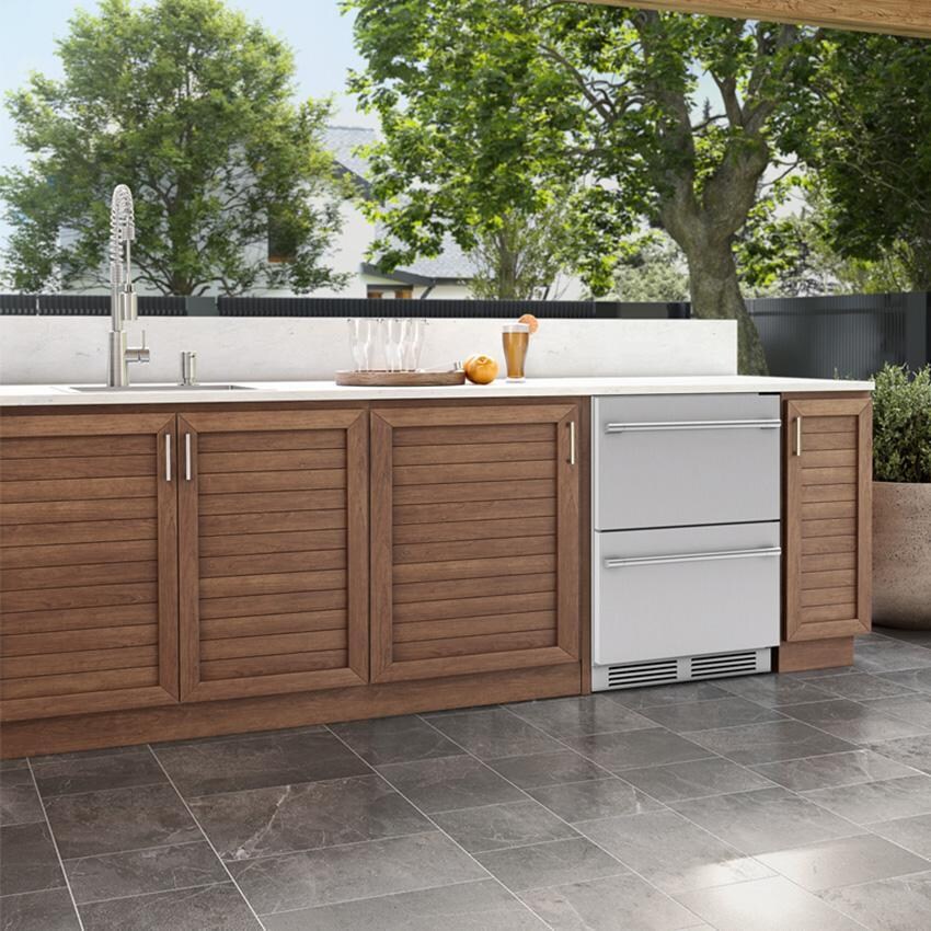 Zephyr PRRD24C2AS-OD Presrv 24-in 5.1 Cu. Ft. Dual Zone Outdoor Refrigerator Drawers - Installed Angled View - Lifestyle thumbnail