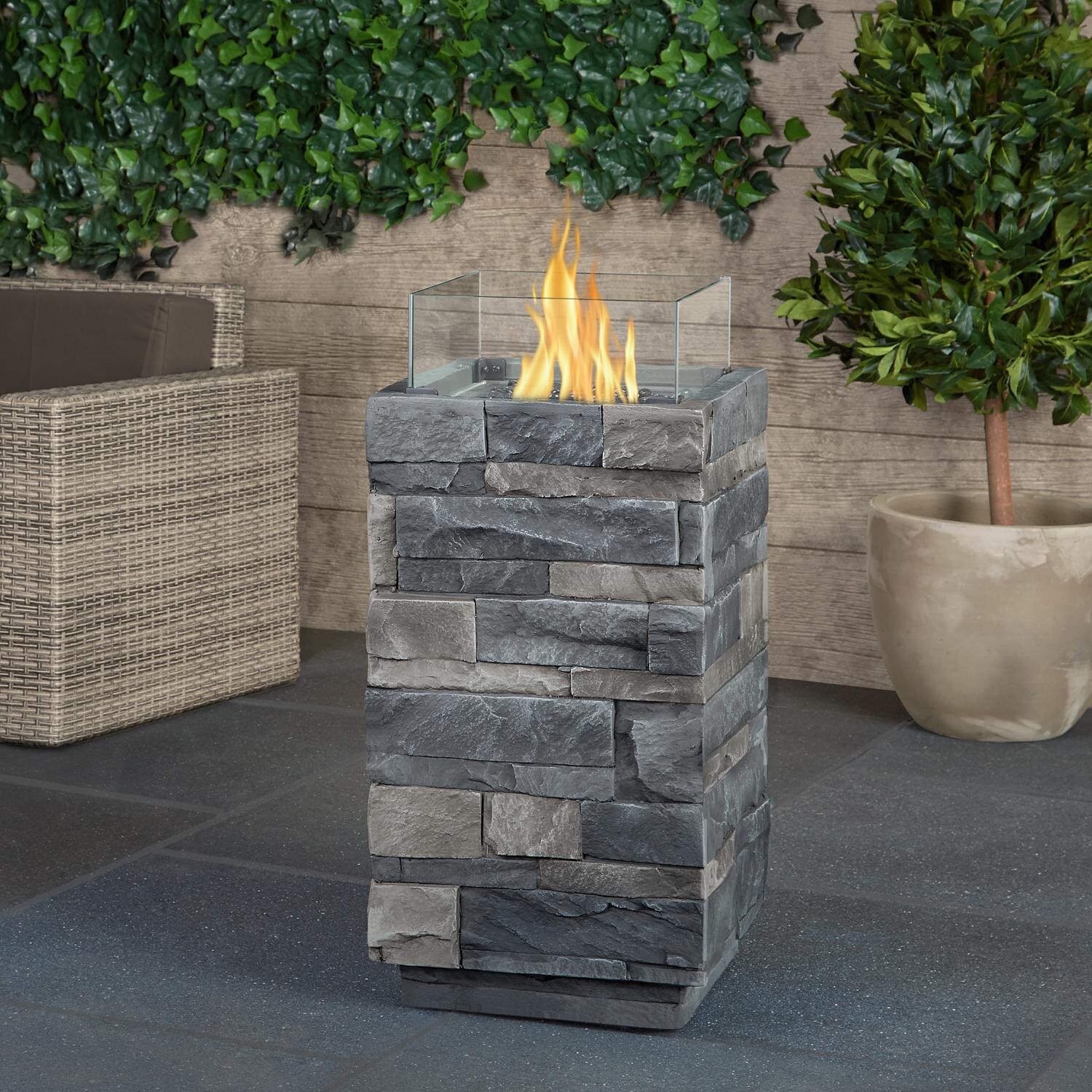 Real Flame Ledgestone 30Inch Tall Propane Fire Column Gray T0004LP